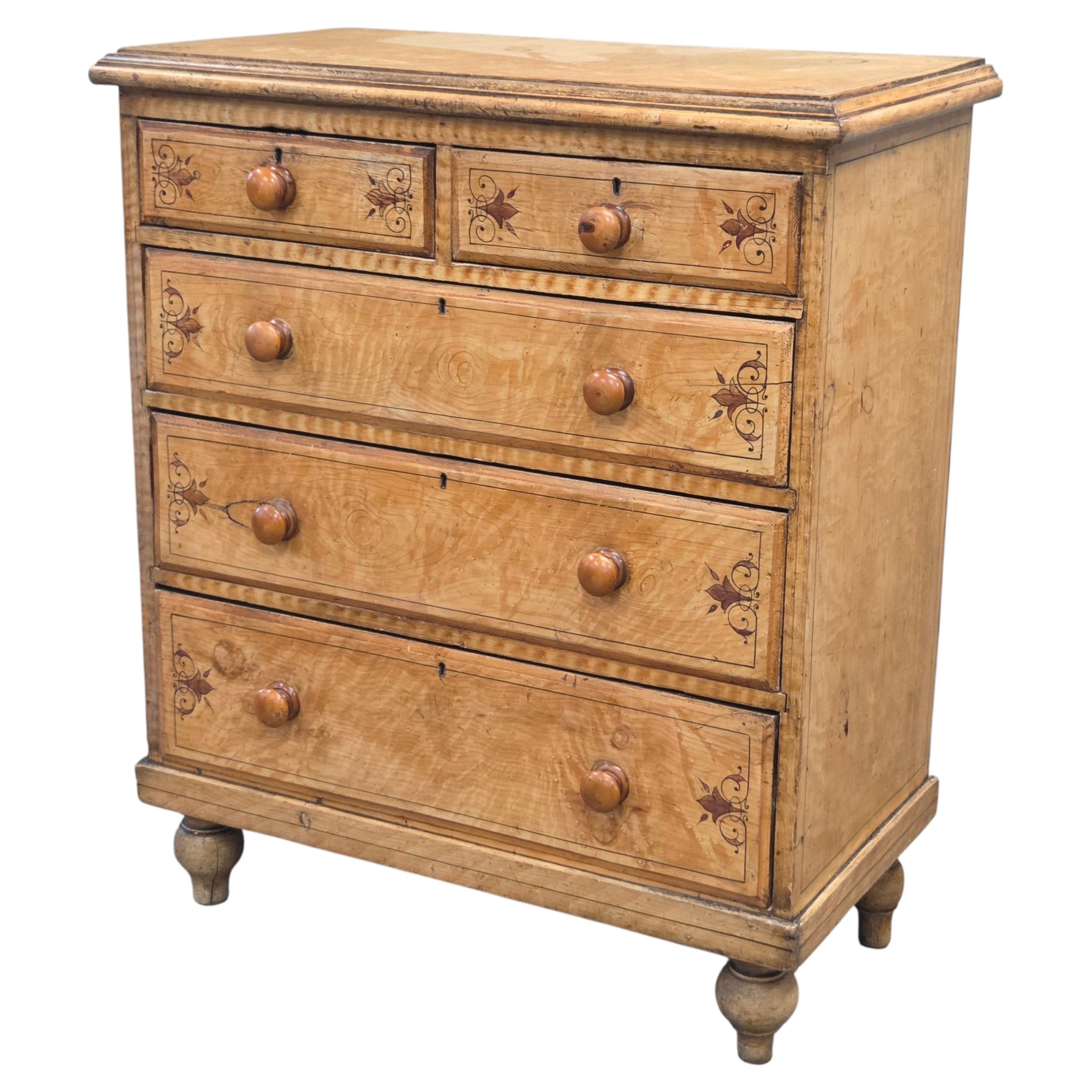 Antique Late 19th Century English Pine Faux Bois Maple Chest of Drawers