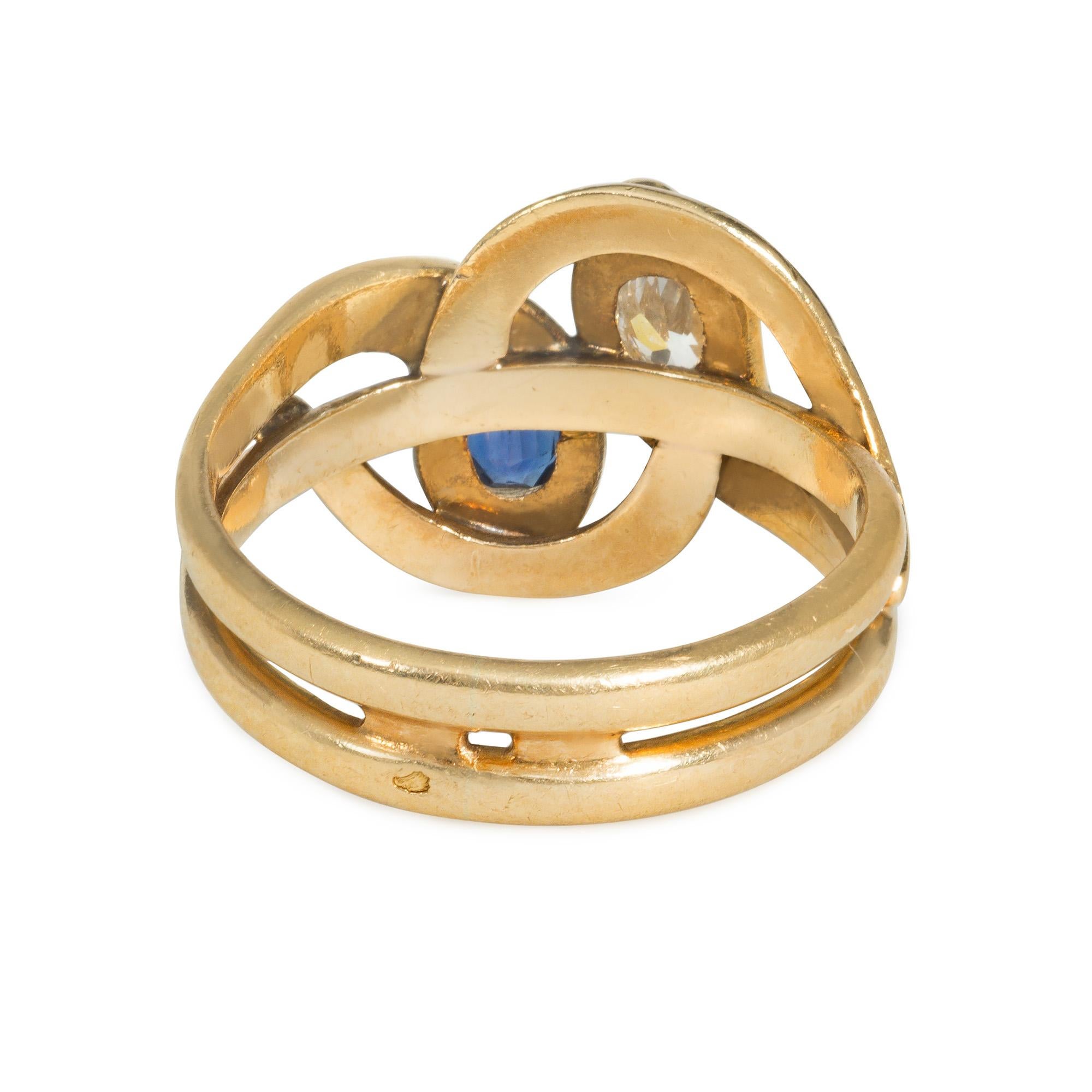 Antiguo Anillo Francés de Oro, Diamantes y Zafiro de Doble Serpiente de Finales del Siglo XIX Victoriano en venta