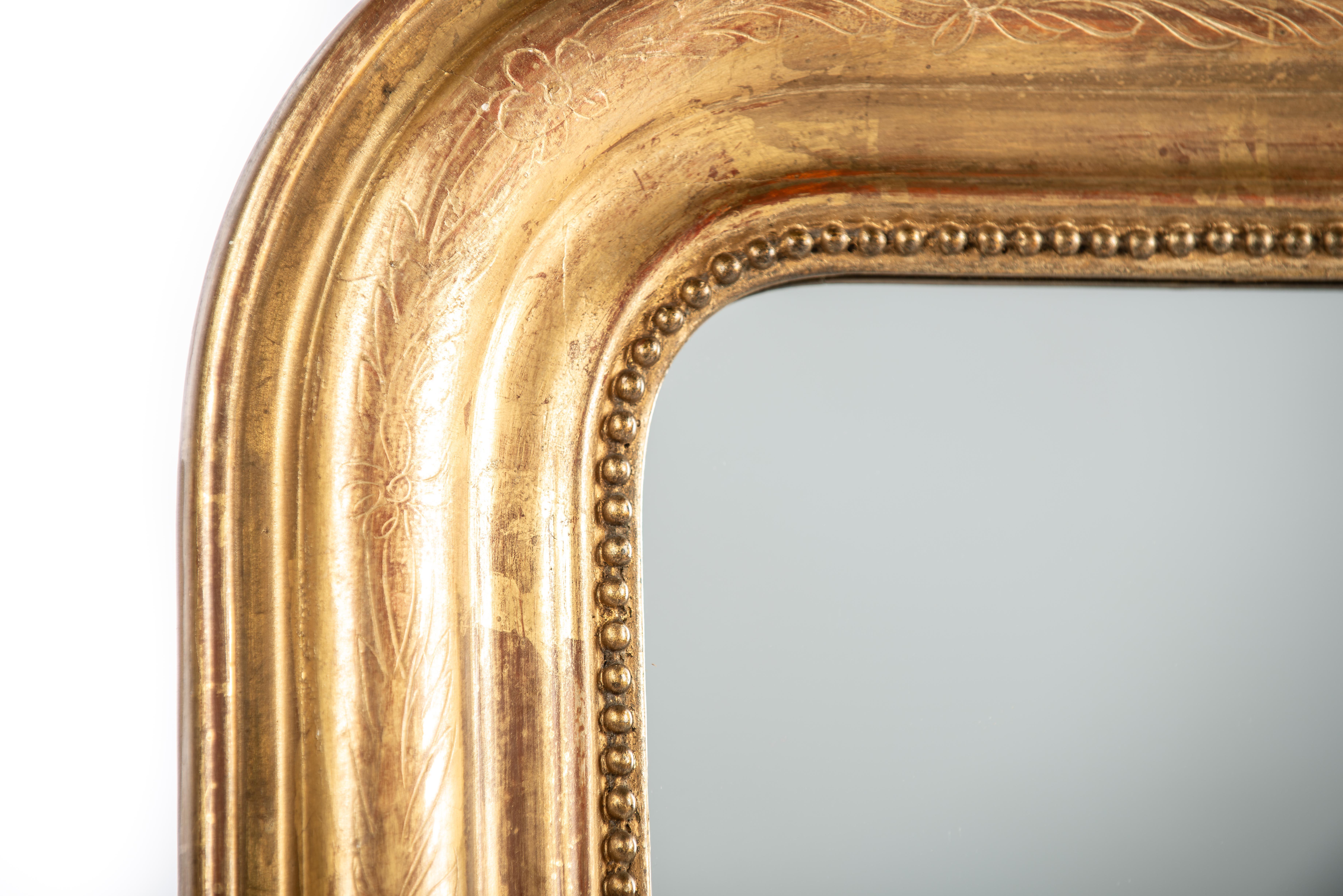 19th Century Antique Late 19th-century French gold leaf gilt engraved Louis Philippe mirror For Sale