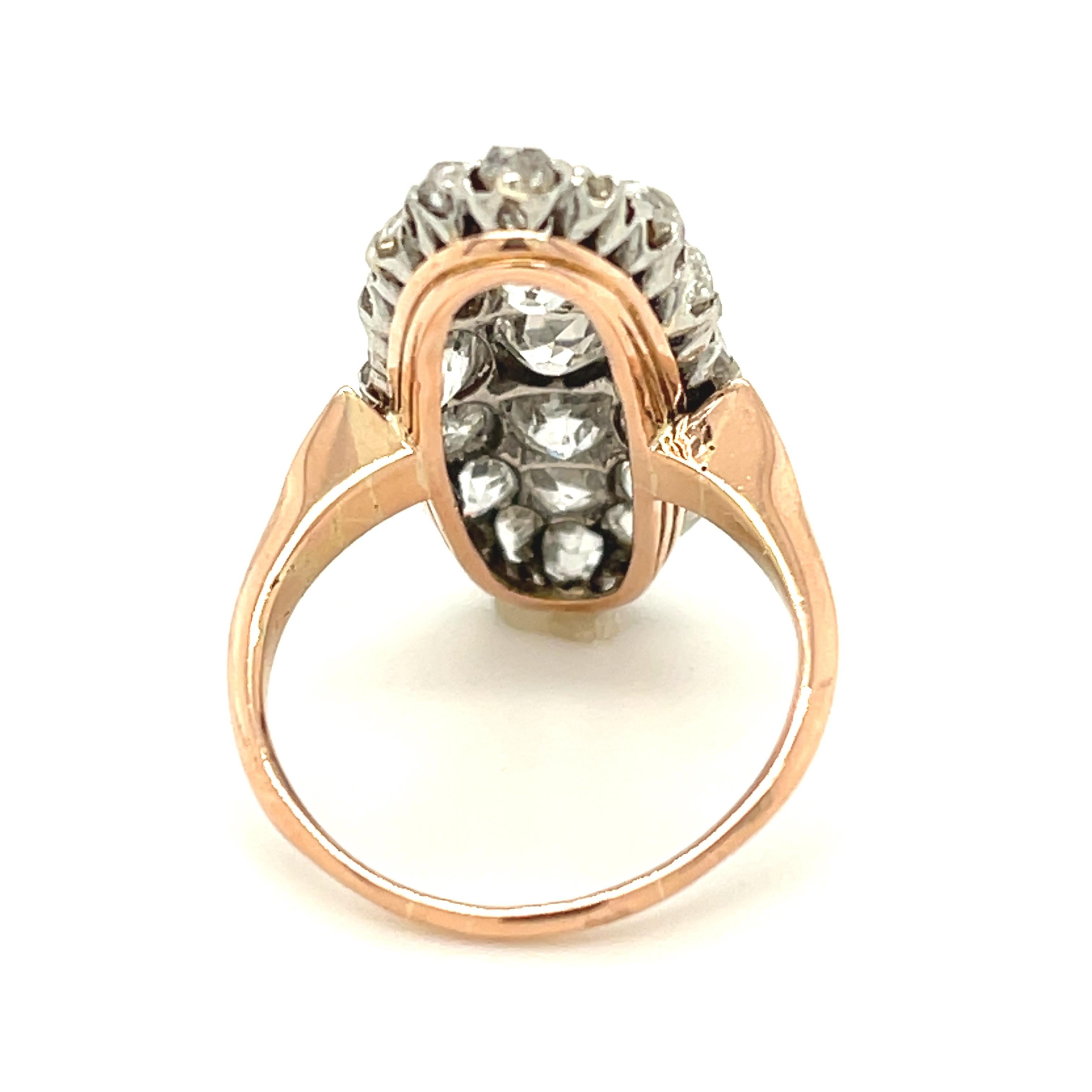 Old Mine Cut Antique Late 19th Century French Old Cut Diamond Navette Shaped Cluster Ring