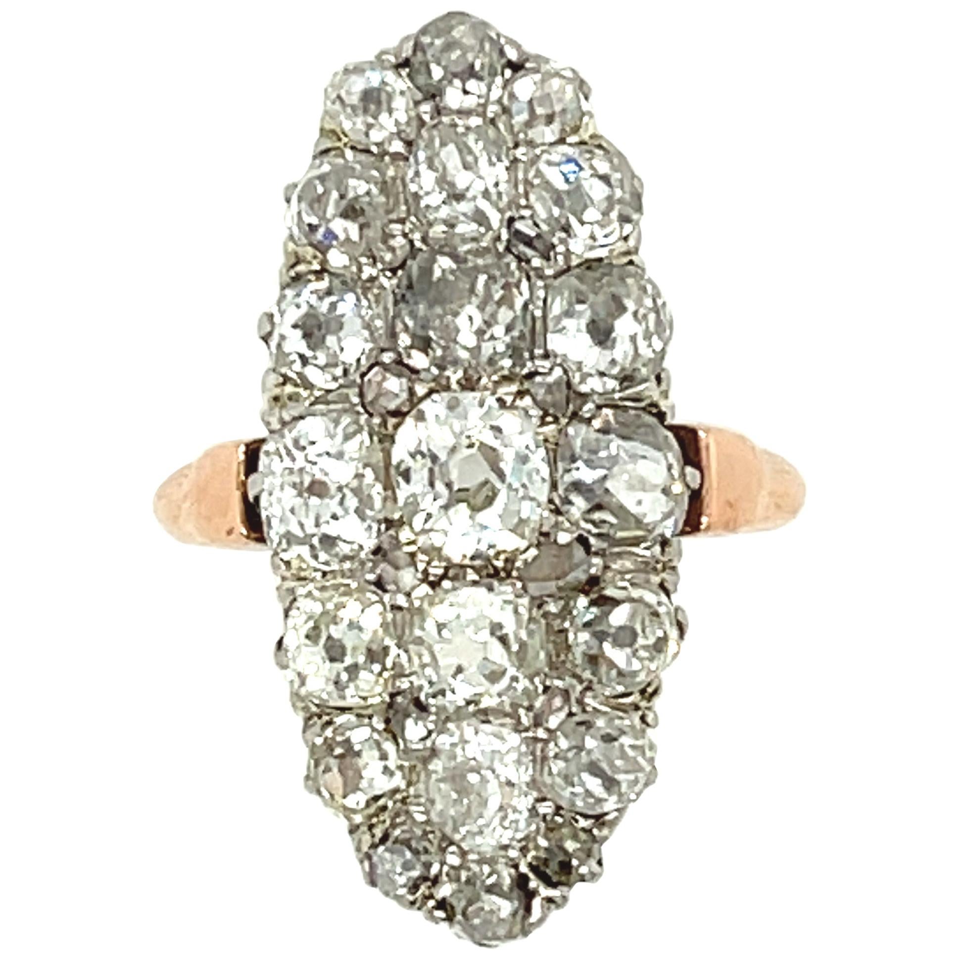 Antique Late 19th Century French Old Cut Diamond Navette Shaped Cluster Ring