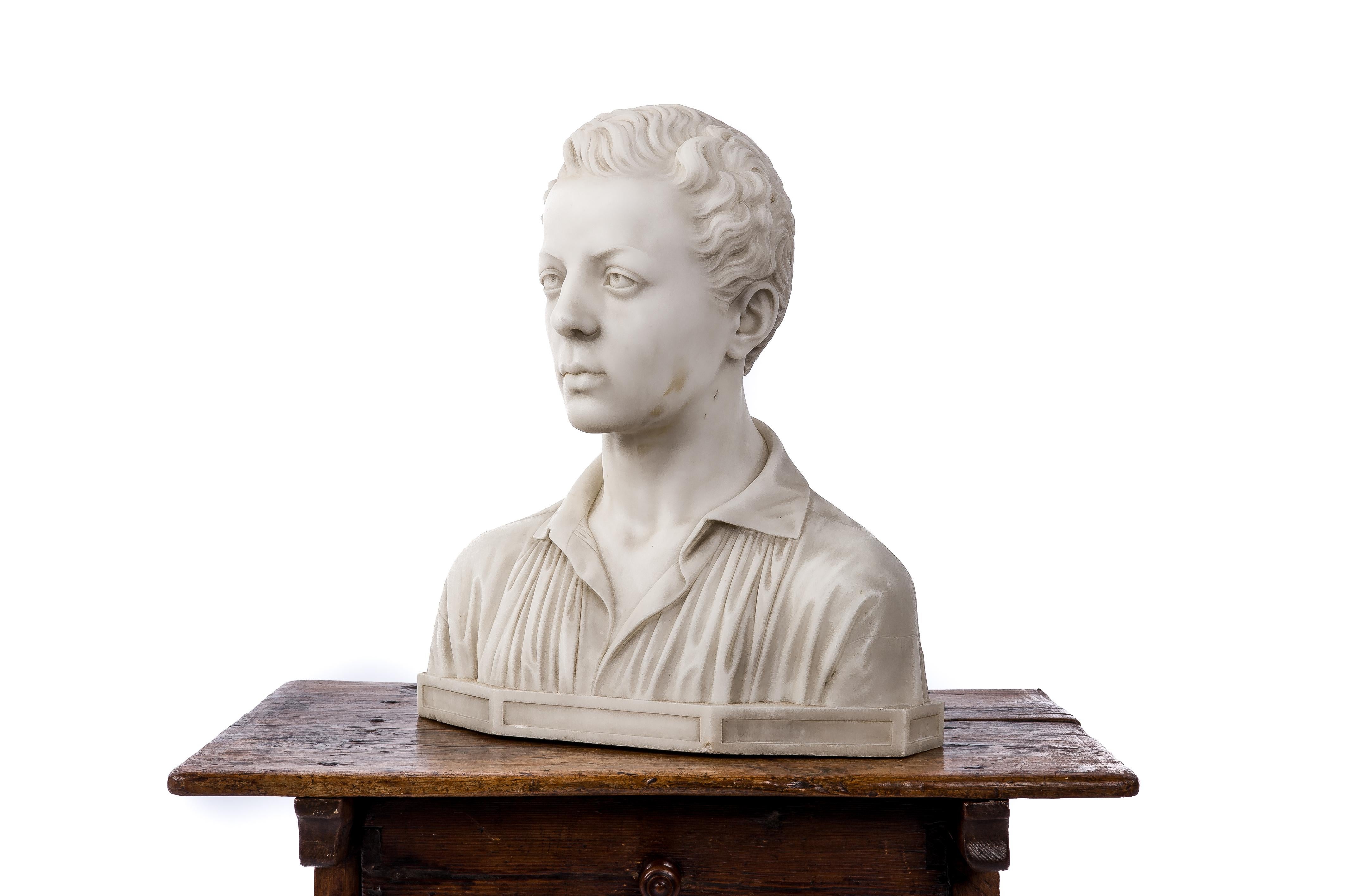 Hand-Carved Antique Late 19th Century French Romantic White Carrara Marble Bust