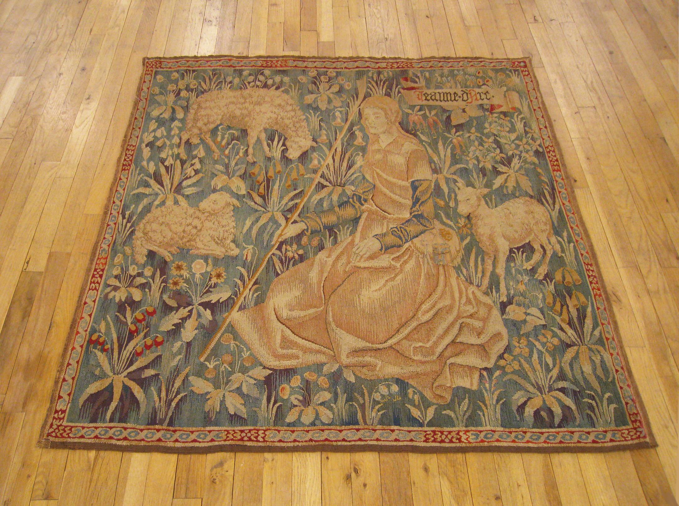 Antique Late 19th Century French Tapestry, Depicting Joan of Arc with Her Sheep For Sale at