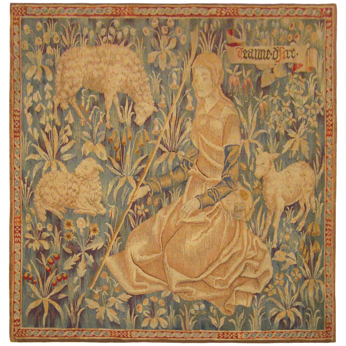 Antique Late 19th Century French Tapestry, Depicting Joan of Arc with Her Sheep For Sale at