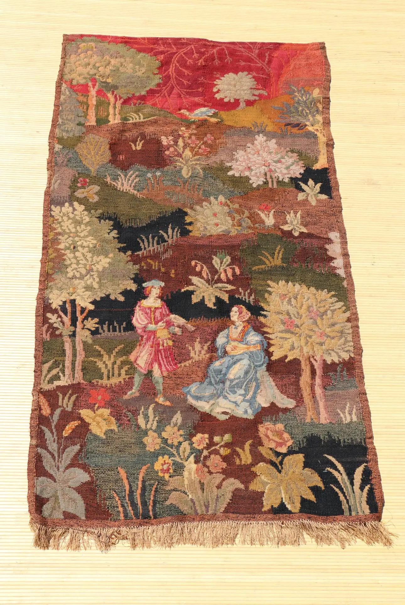 Wonderful antique French tapestry made of wool. Originally from the late 19th century. Just a beautiful hanging tapestry with a lot of details. Really well done. 
It is in good vintage condition. Minor wear due to age and age. Check it out in the