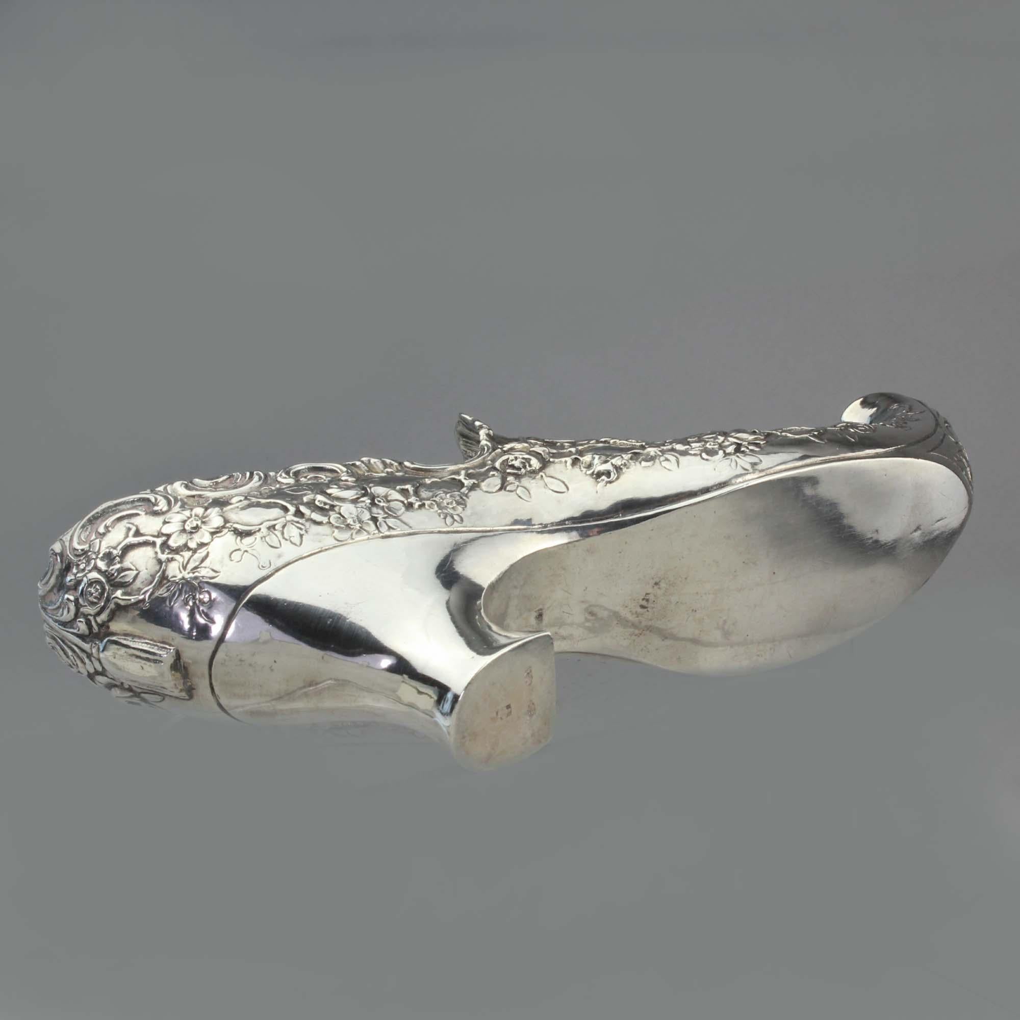 Antique Late 19th Century German 930, Silver Rococo Lady's Shoe with Elf Toe For Sale 5