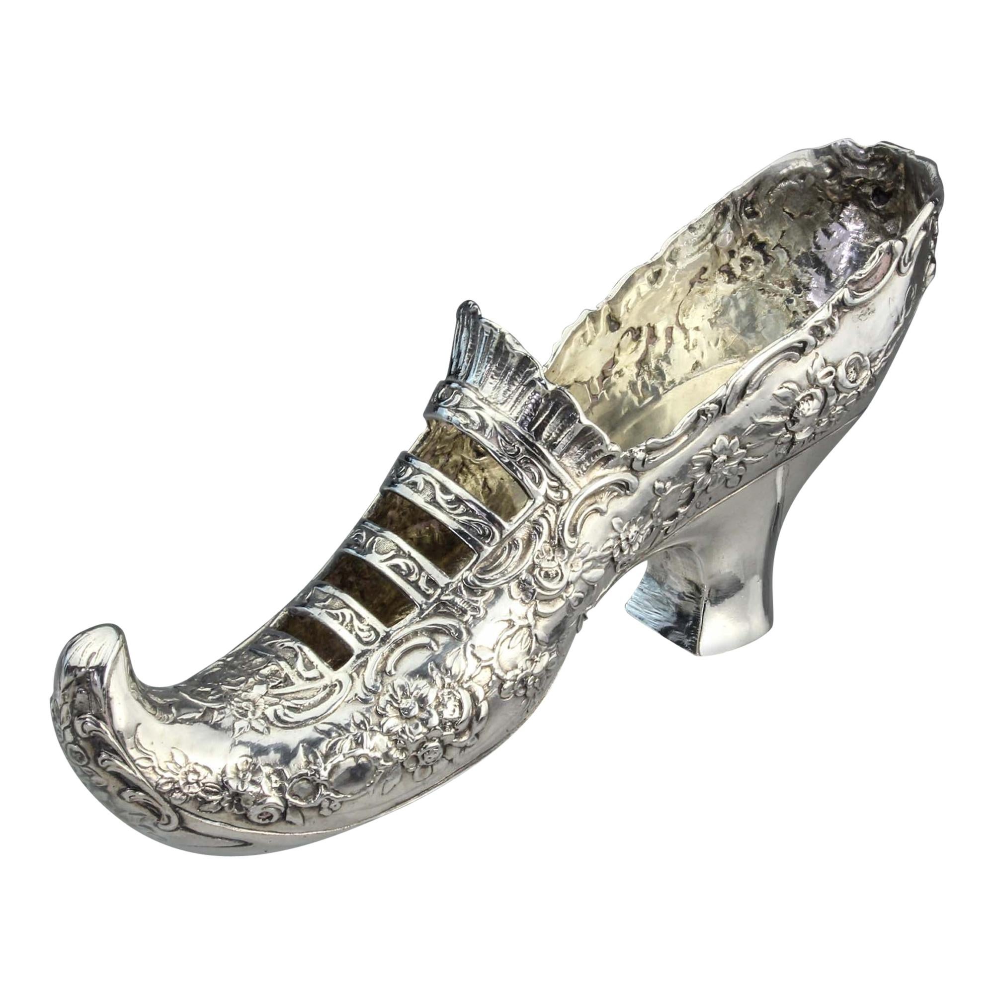 Antique Late 19th Century German 930, Silver Rococo Lady's Shoe with Elf Toe For Sale
