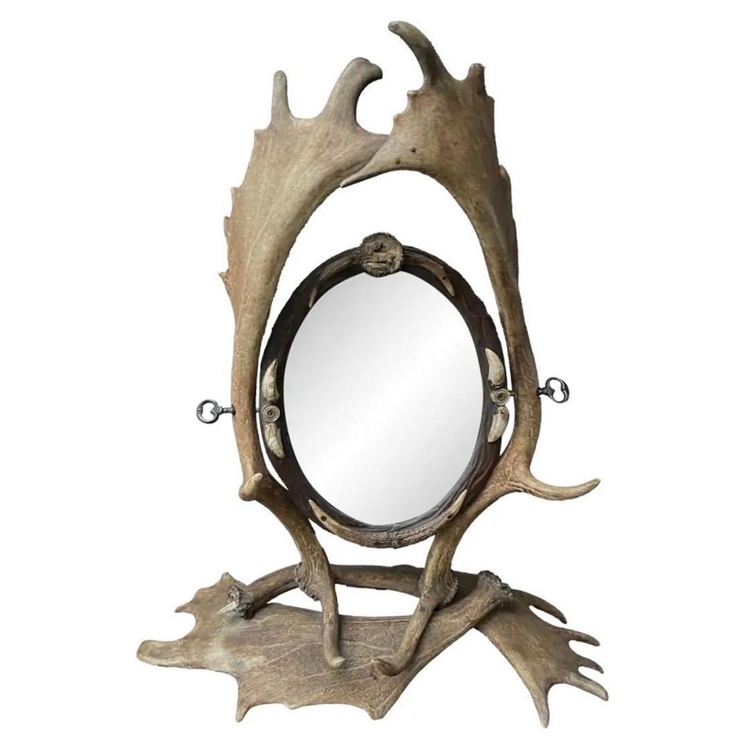 Antique Late 19th Century German Black Forest Antler Vanity Mirror