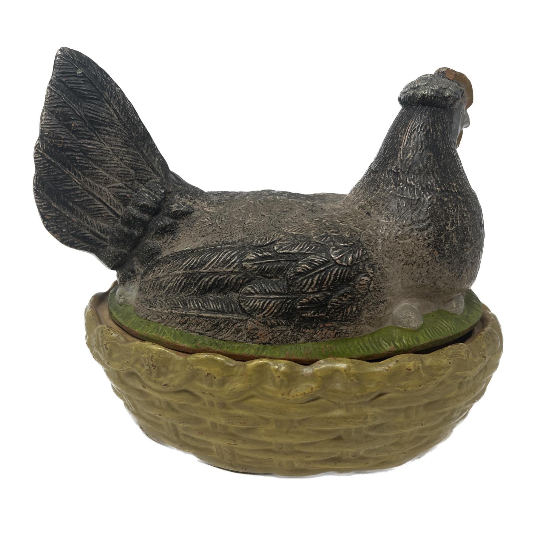 Antique Late 19th Century German Pottery Hand-Painted Covered Hen & Nest. In Good Condition For Sale In New Orleans, LA