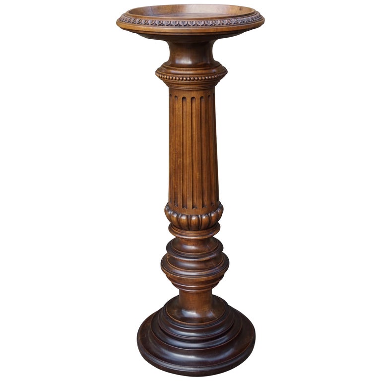 Antique Late 19th Century Hand Carved Solid Nutwood Round Pedestal