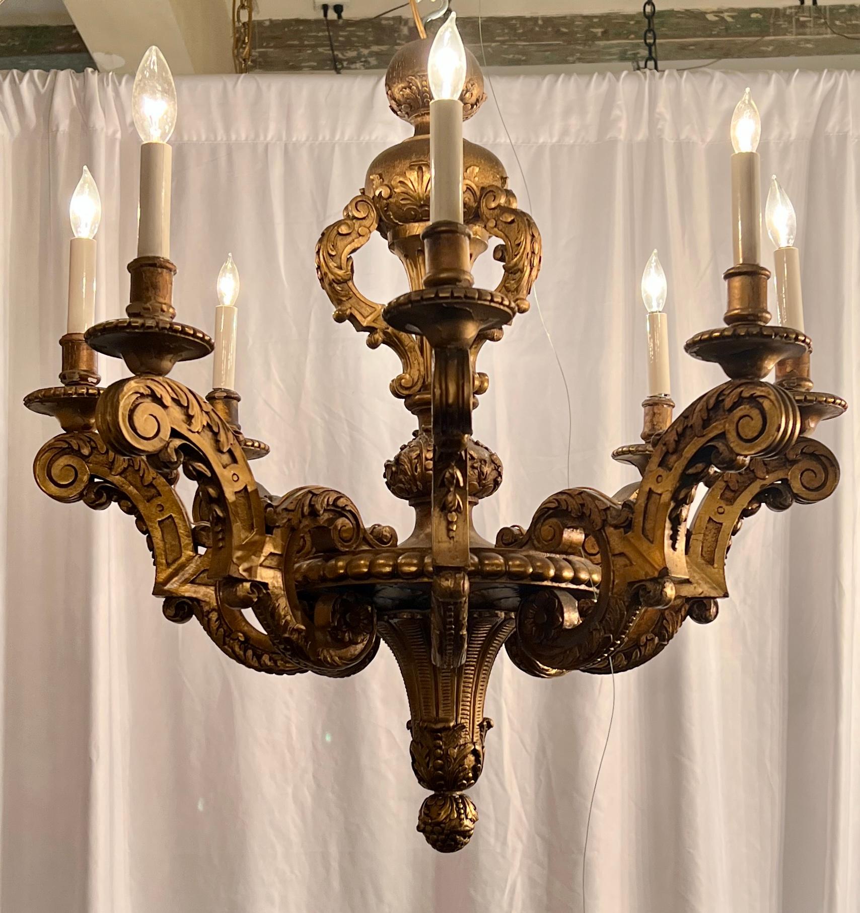 Antique Late 19th Century Italian Carved Wood Parcel Gilt Chandelier, Circa 1890-1900.