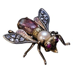 Antique Late 19th Century Jeweled Gold Insect Brooch