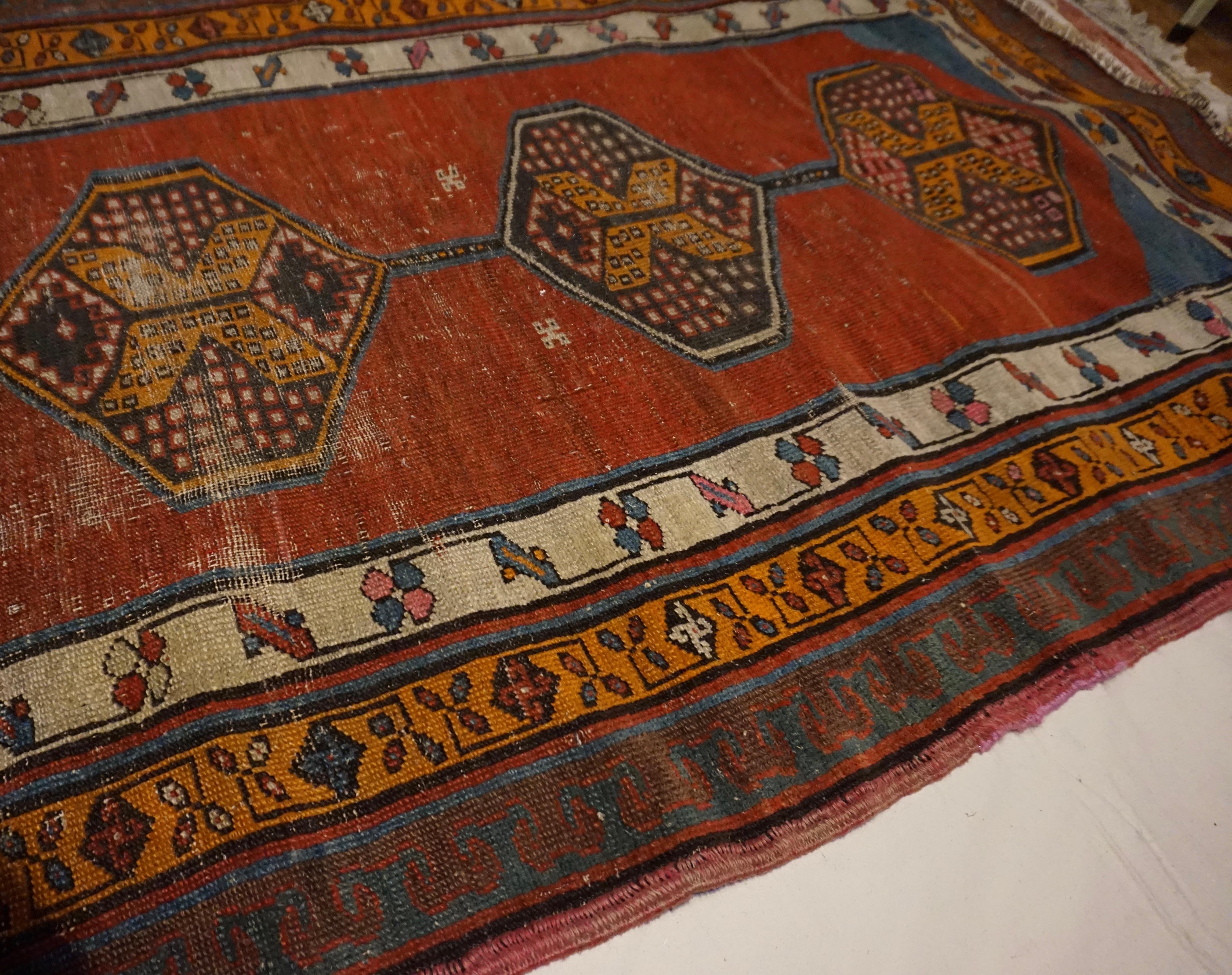 Antique Late 19th Century Natural Dyes Hand-knotted Caucasus Tribal Runner For Sale 6