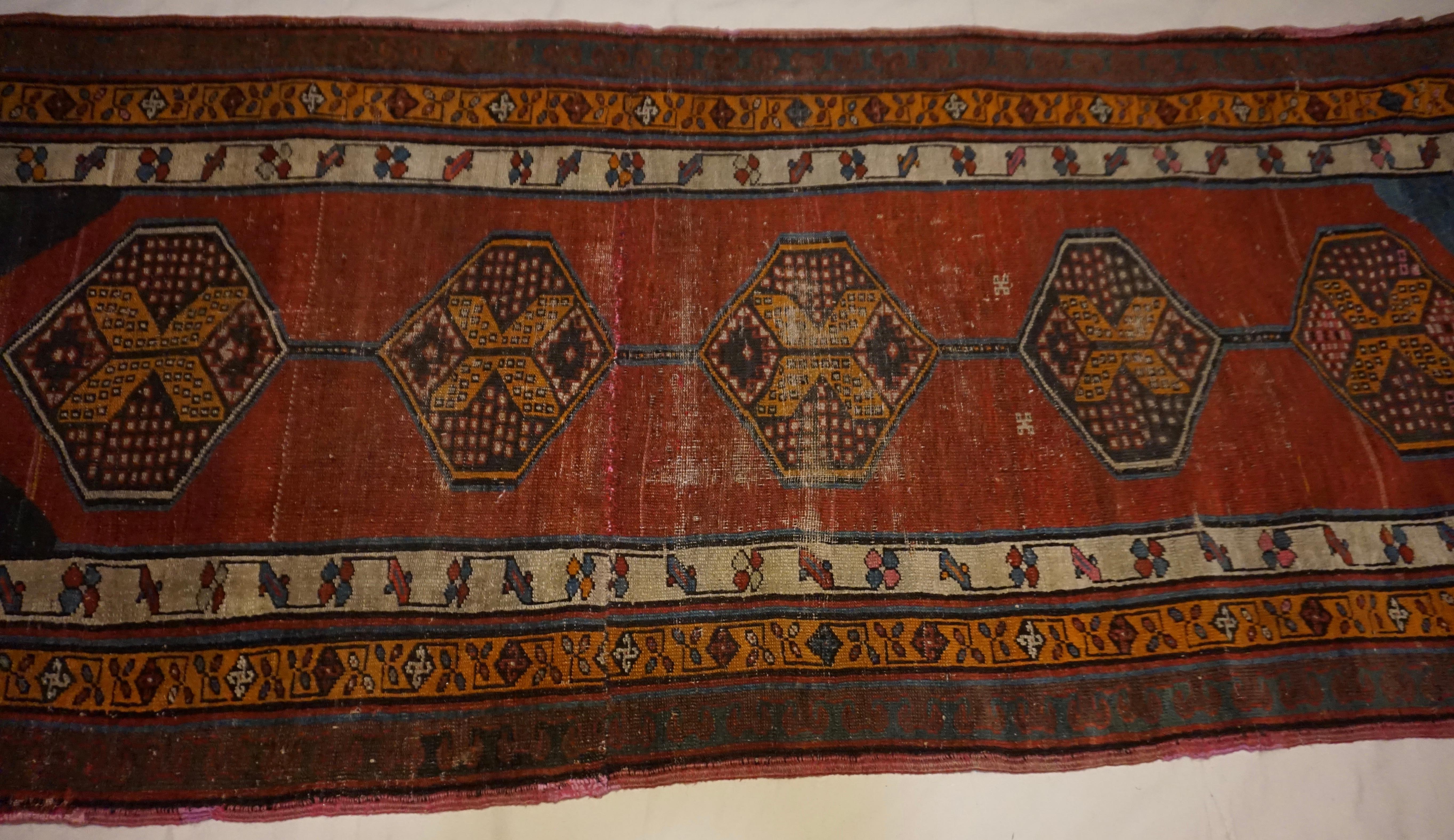 Antique Late 19th Century Natural Dyes Hand-knotted Caucasus Tribal Runner For Sale 7