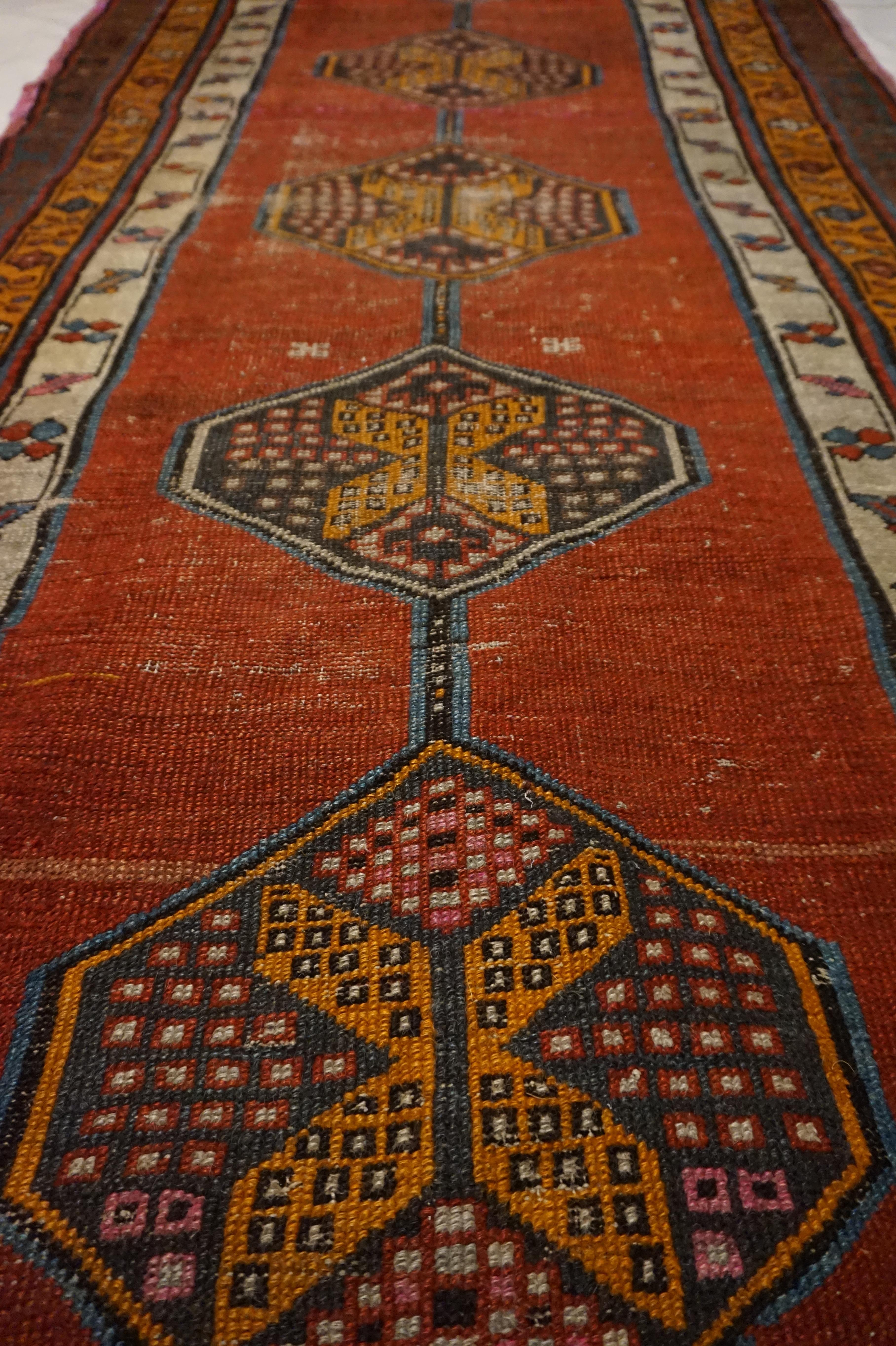 Hand-Knotted Antique Late 19th Century Natural Dyes Hand-knotted Caucasus Tribal Runner For Sale
