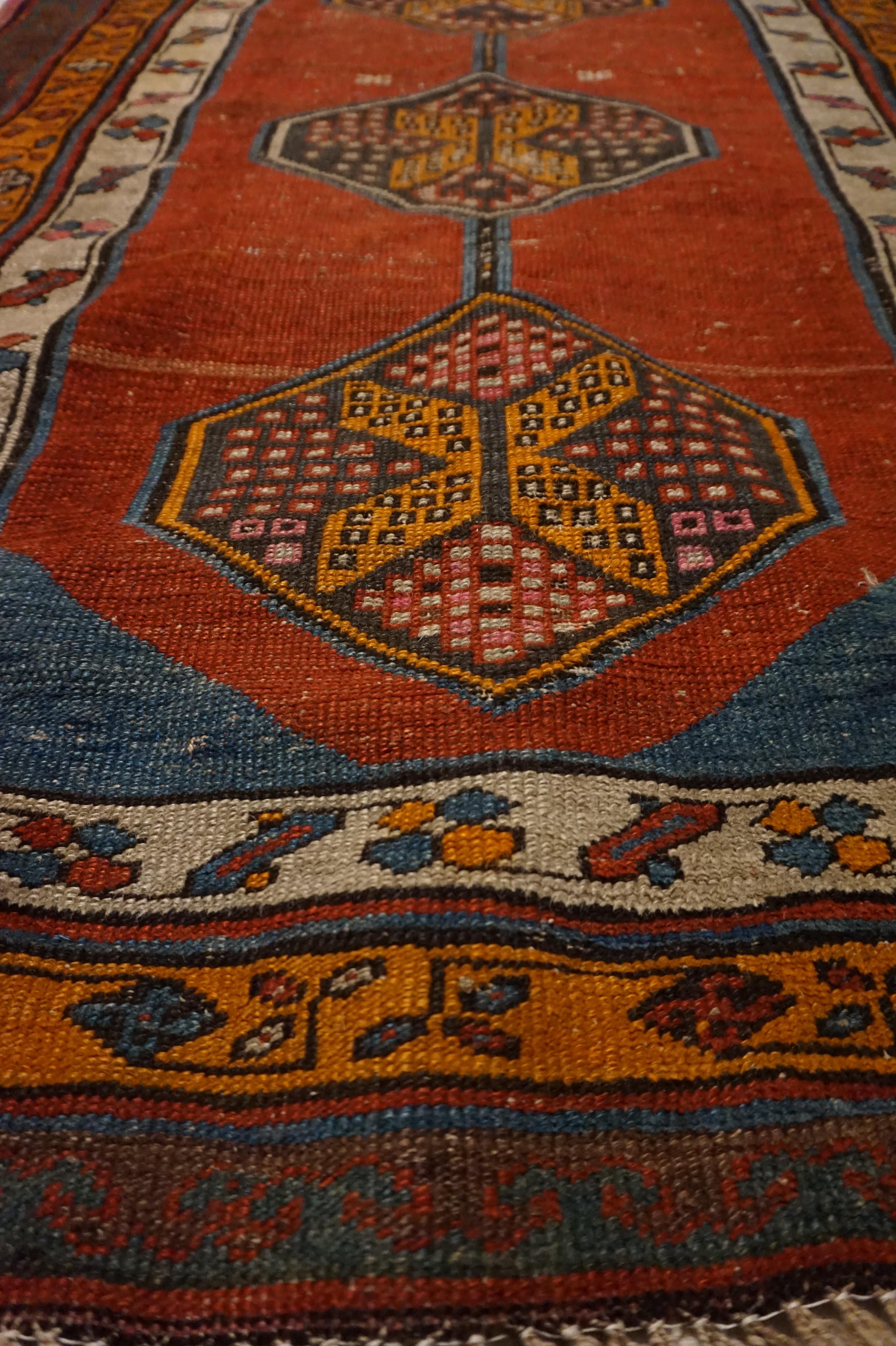 Antique Late 19th Century Natural Dyes Hand-knotted Caucasus Tribal Runner In Good Condition For Sale In Vancouver, British Columbia