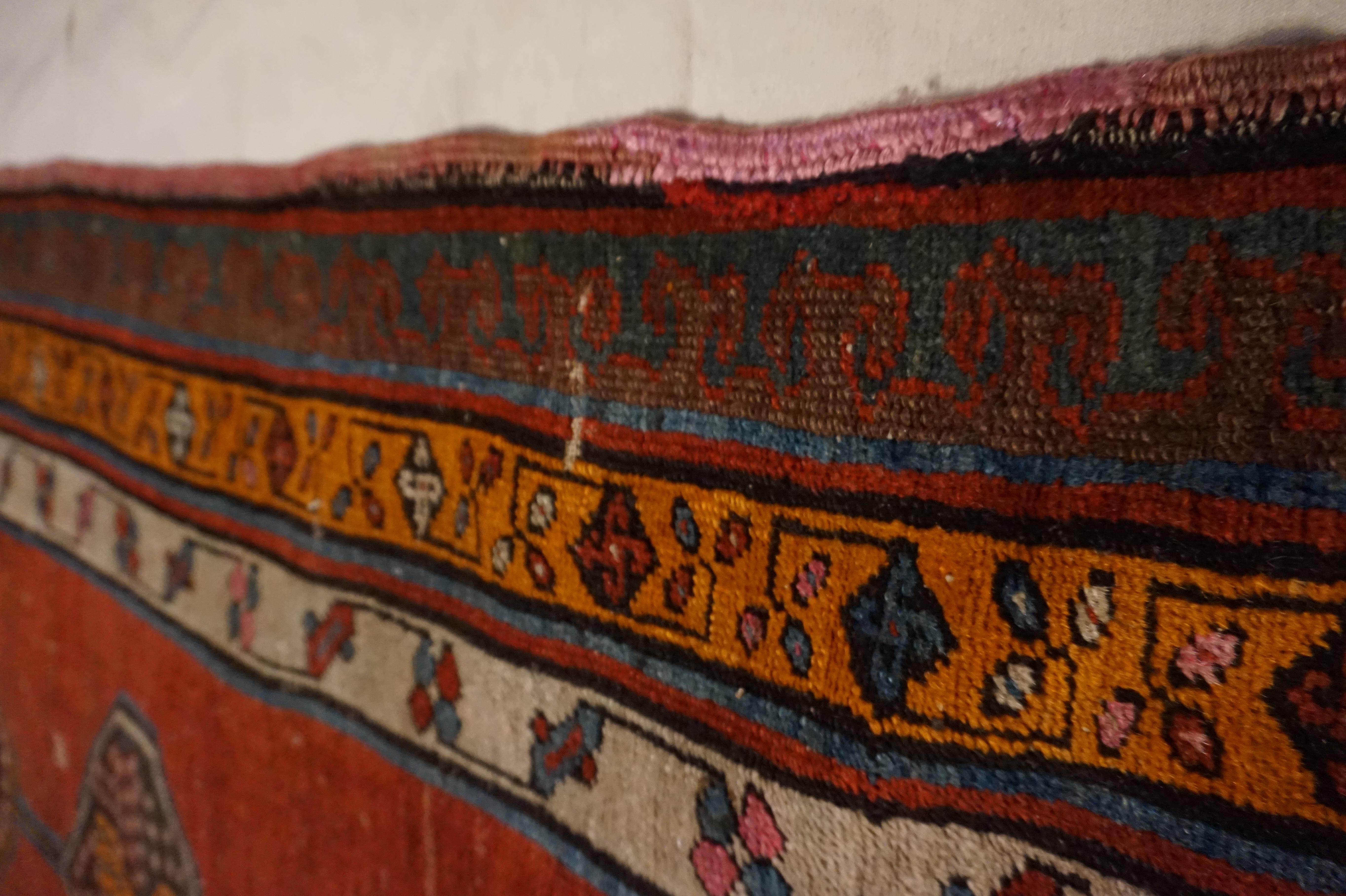 Wool Antique Late 19th Century Natural Dyes Hand-knotted Caucasus Tribal Runner For Sale