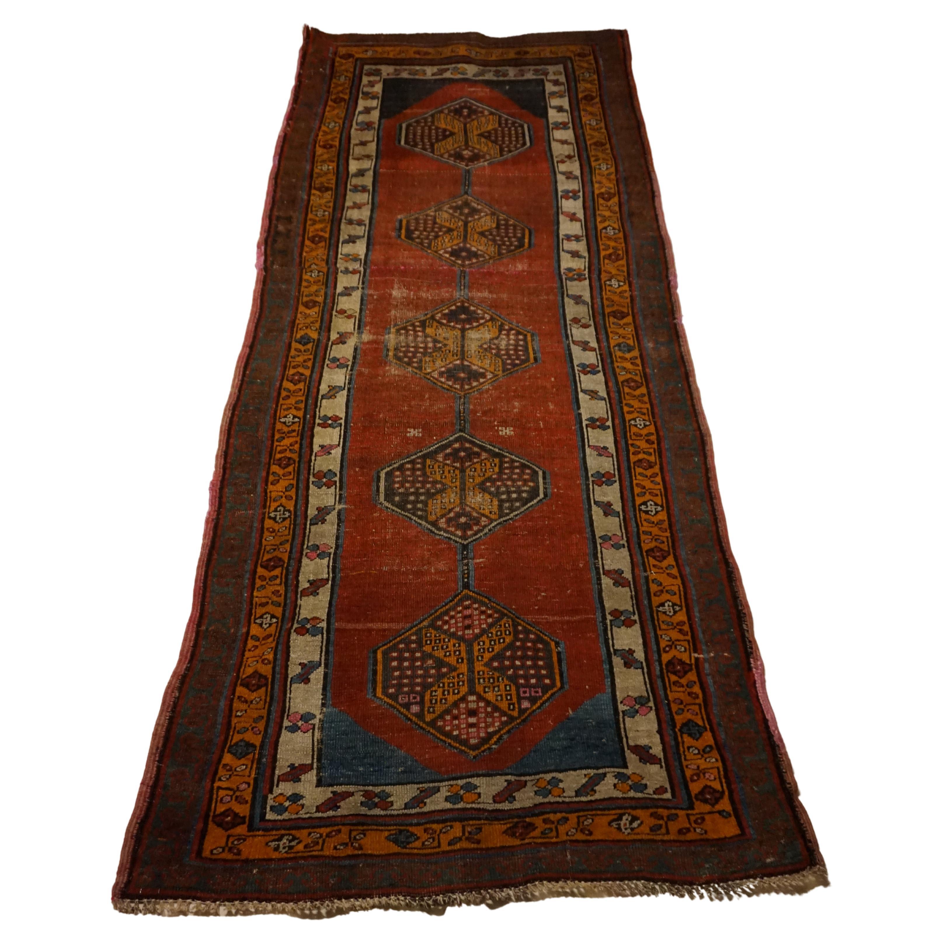 Antique Late 19th Century Natural Dyes Hand-knotted Caucasus Tribal Runner For Sale
