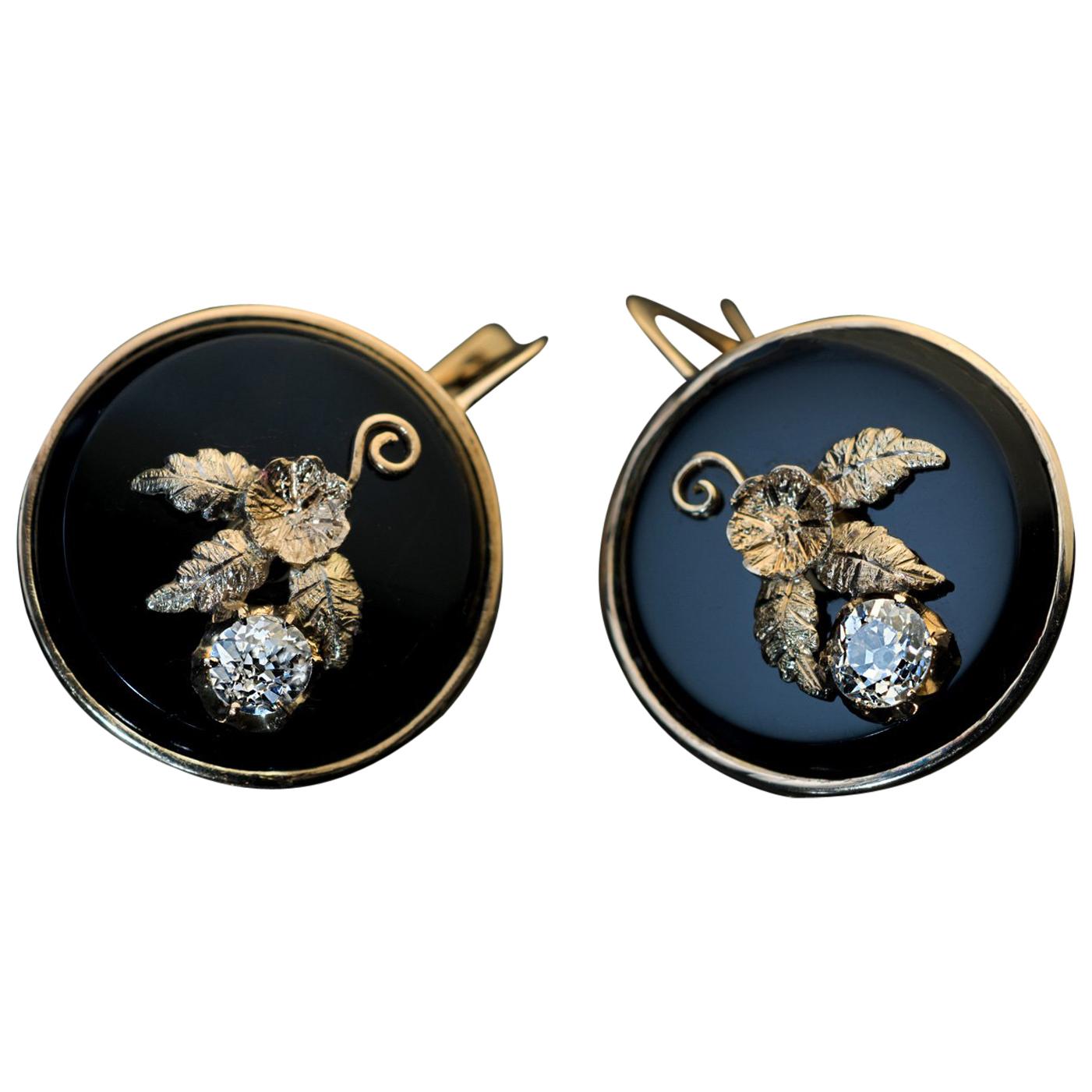 Antique Late 19th Century Onyx Diamond Chased Gold Earrings