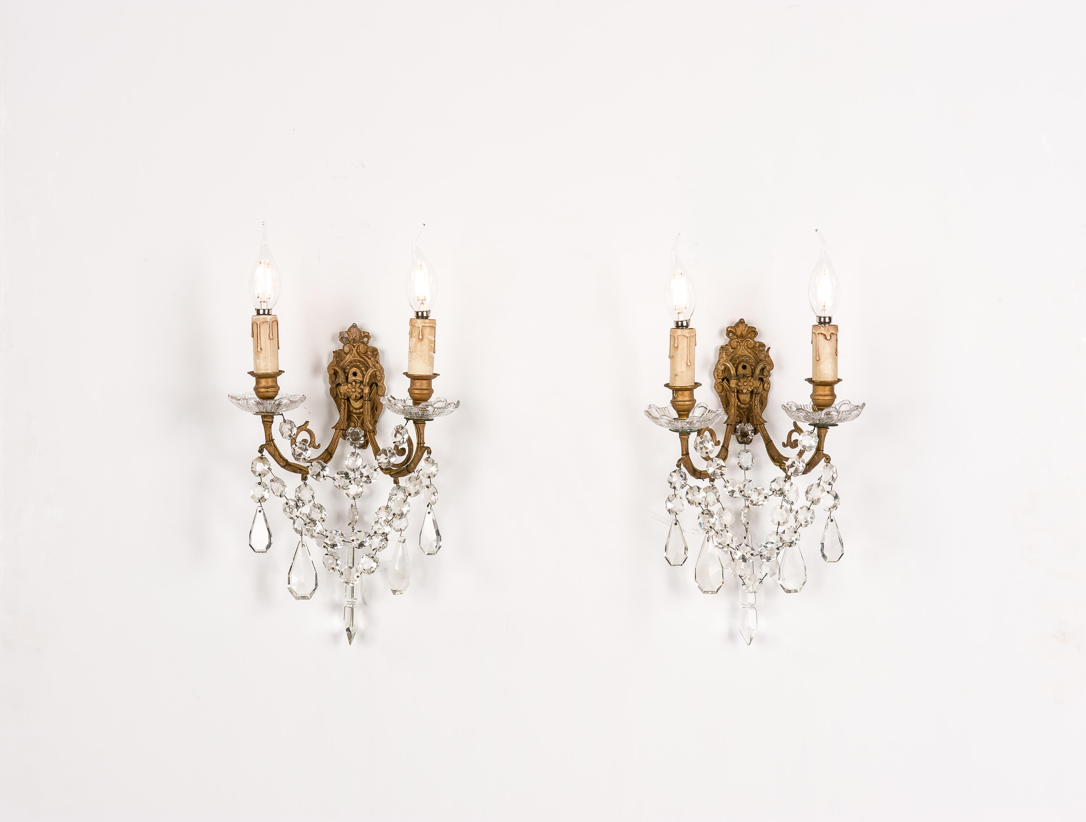 Antique late 19th century pair of brass and baccarat crystal wall sconces 2