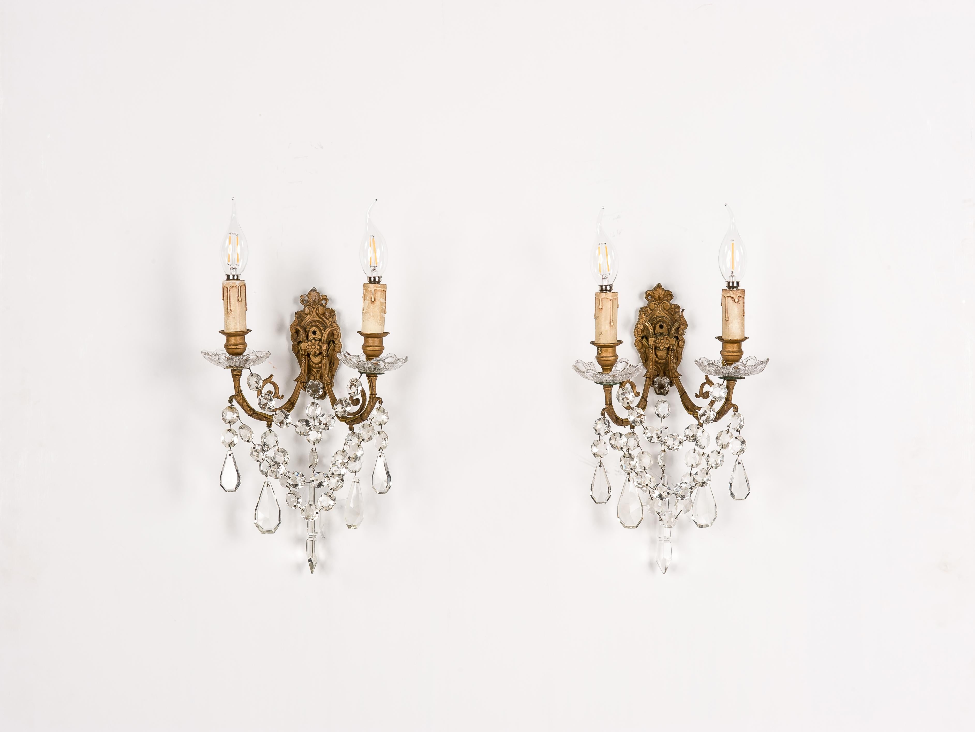 Baroque Antique late 19th century pair of brass and baccarat crystal wall sconces