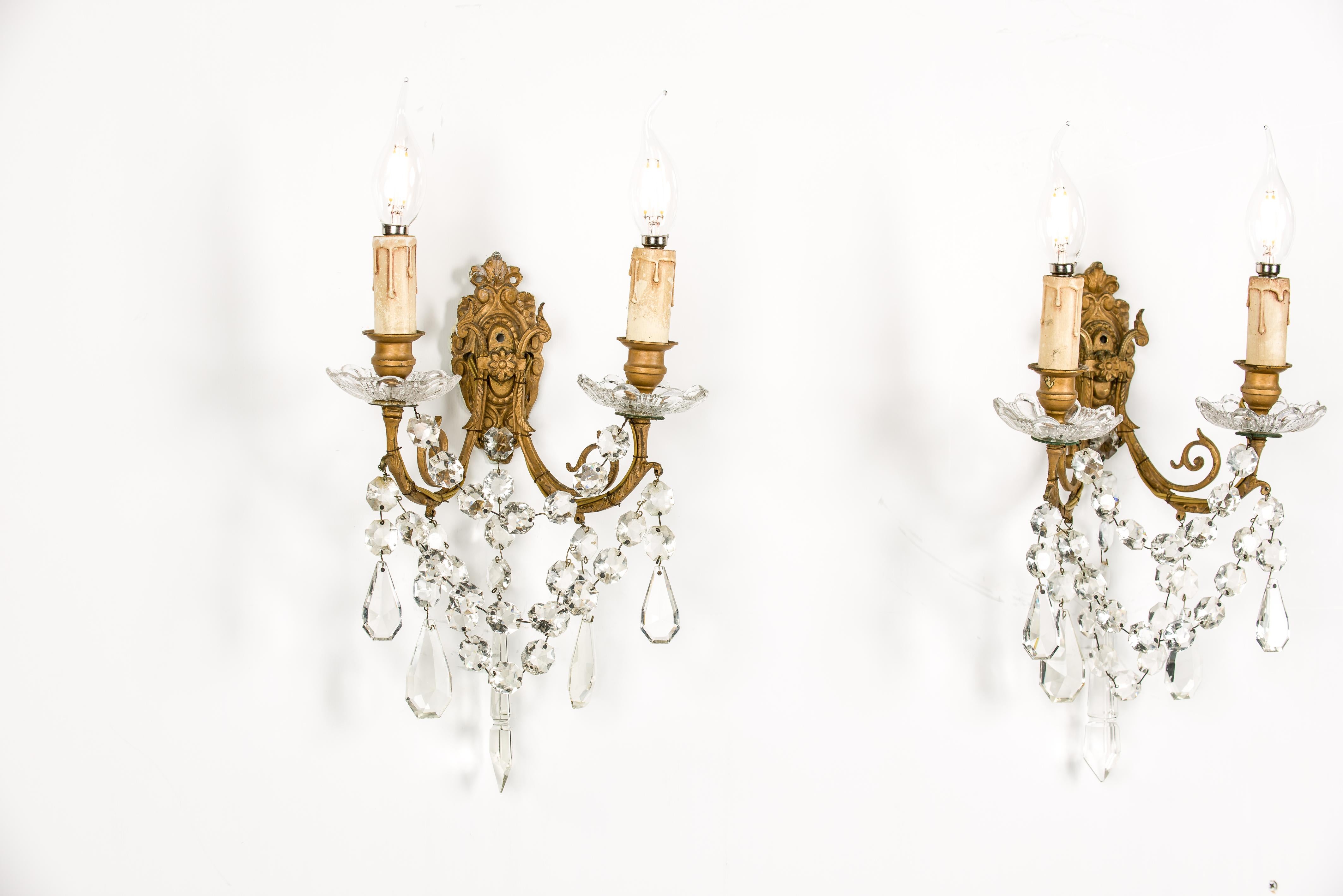 French Antique late 19th century pair of brass and baccarat crystal wall sconces