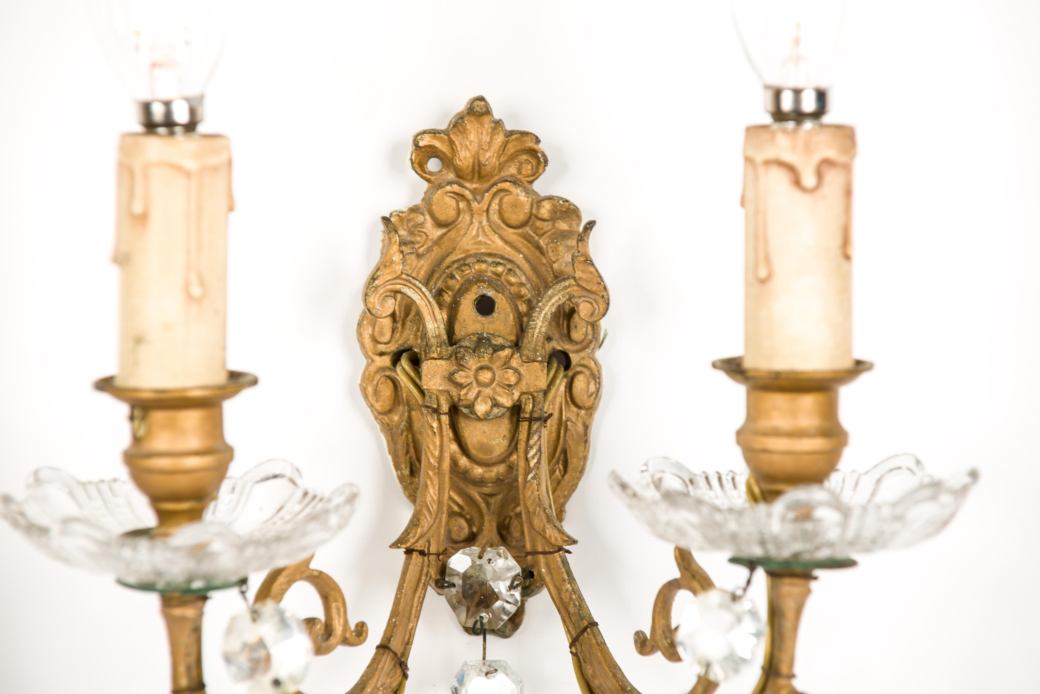 19th Century Antique late 19th century pair of brass and baccarat crystal wall sconces