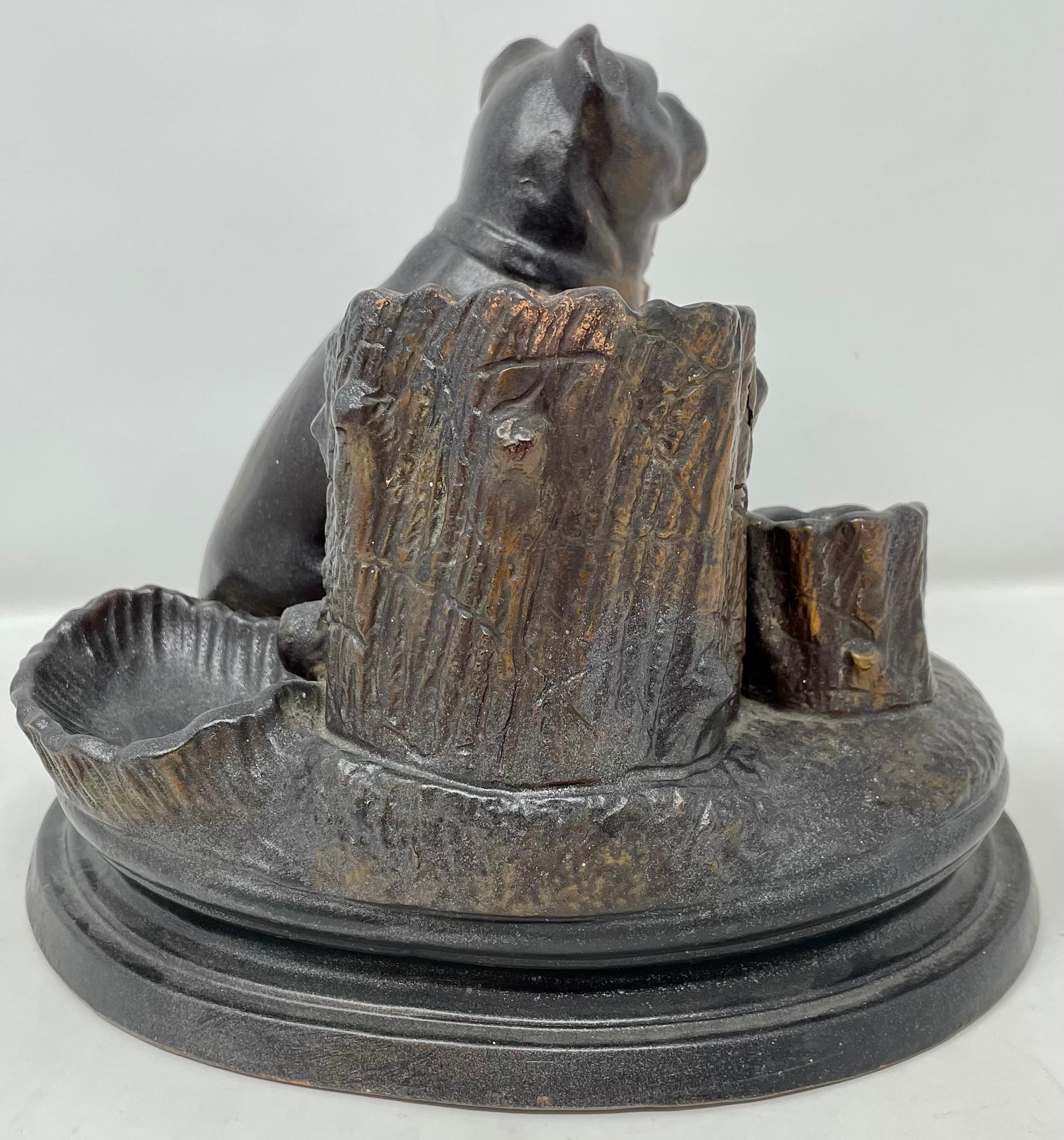 Antique Late 19th Century Salt-Glazed Pottery Figural Dog Cigar Holder. In Good Condition For Sale In New Orleans, LA
