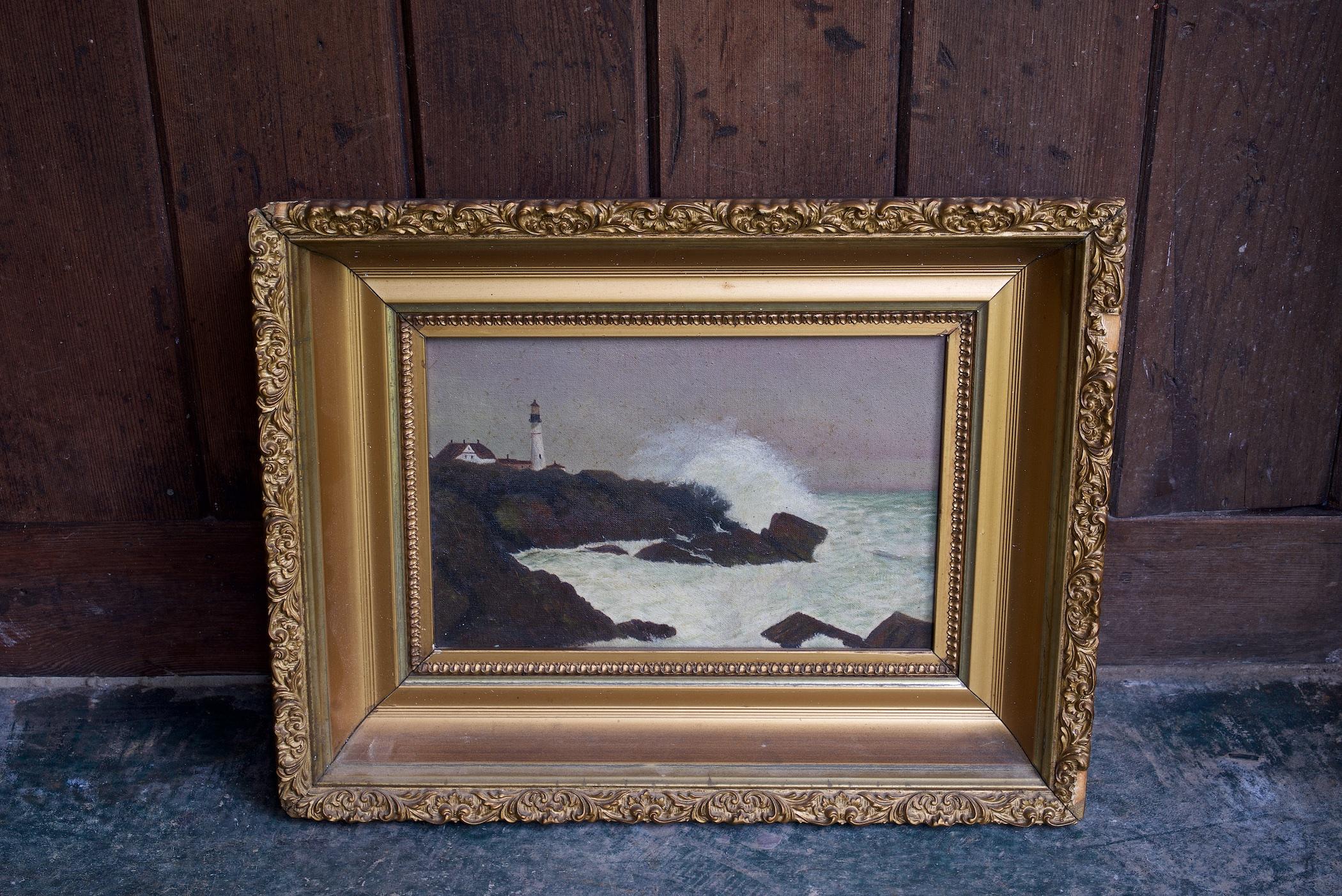 Unsigned Maritime oil painting. Very good quality, by the hand of a professional painter. The painting is soiled from 100 years of exposure. The frame has some losses (chips) to the gilt plastering.

Canvas without Frame W 12 x H 8 in.