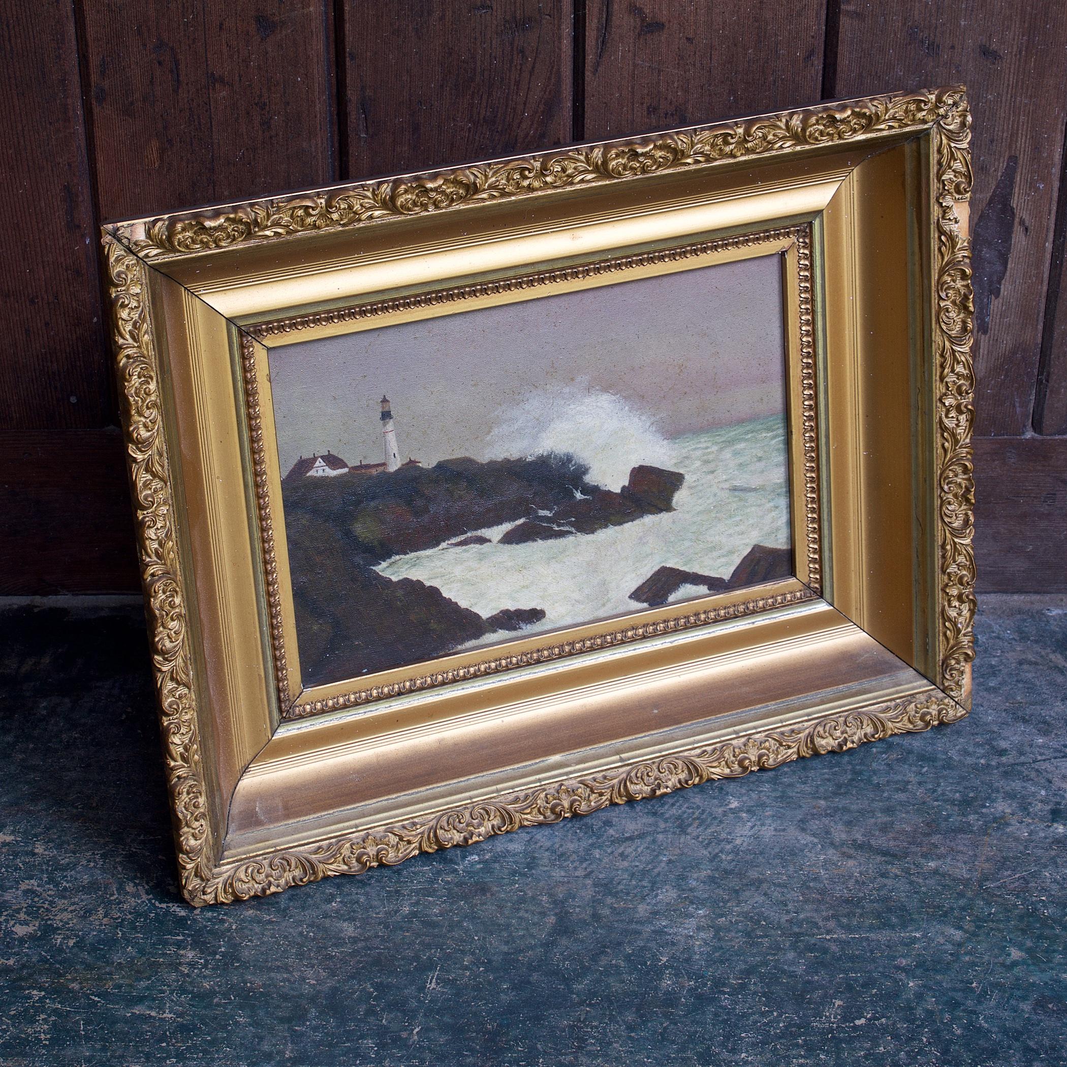 American Classical Antique Late 19th Century Seascape Lighthouse Oil Painting For Sale