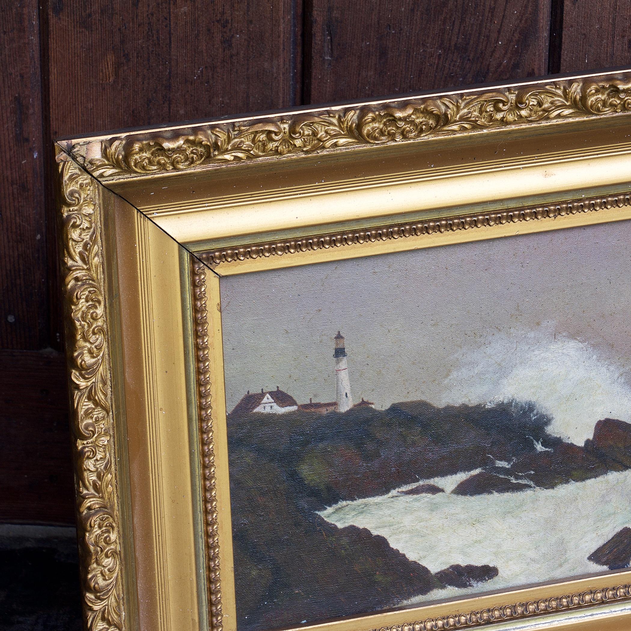 American Antique Late 19th Century Seascape Lighthouse Oil Painting For Sale