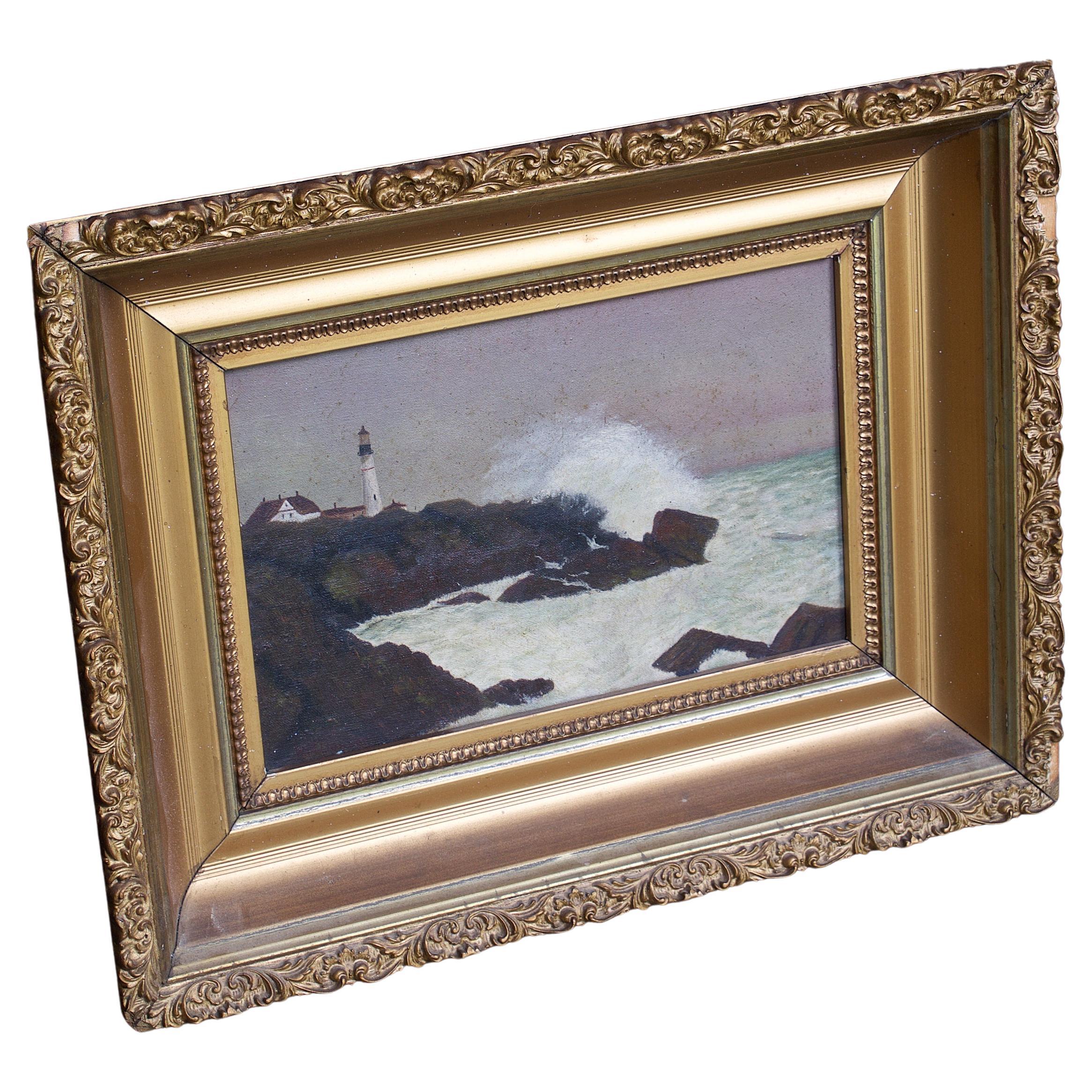 Antique Late 19th Century Seascape Lighthouse Oil Painting For Sale