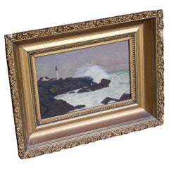 Antique Late 19th Century Seascape Lighthouse Oil Painting