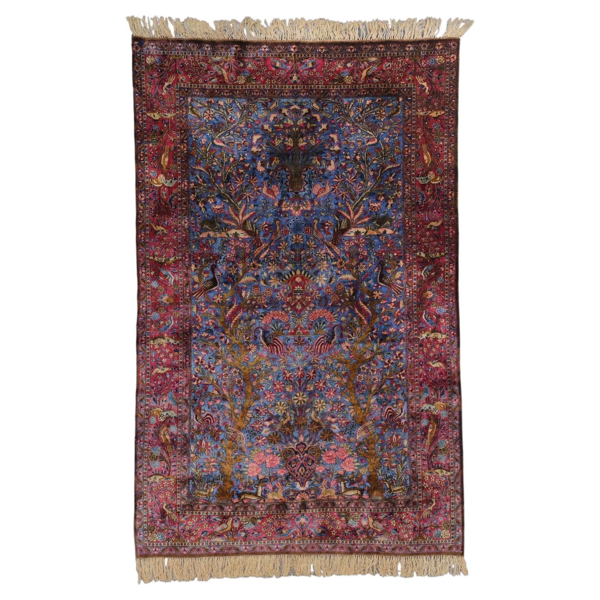 Antique Late 19th Century Silk Animal and Floral Design Room Rug