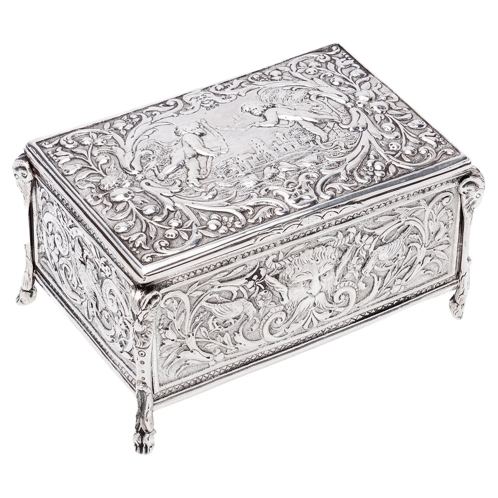 Antique Late 19th Century Silver Repoussé Decorated Jewellery Box with Cherubs For Sale