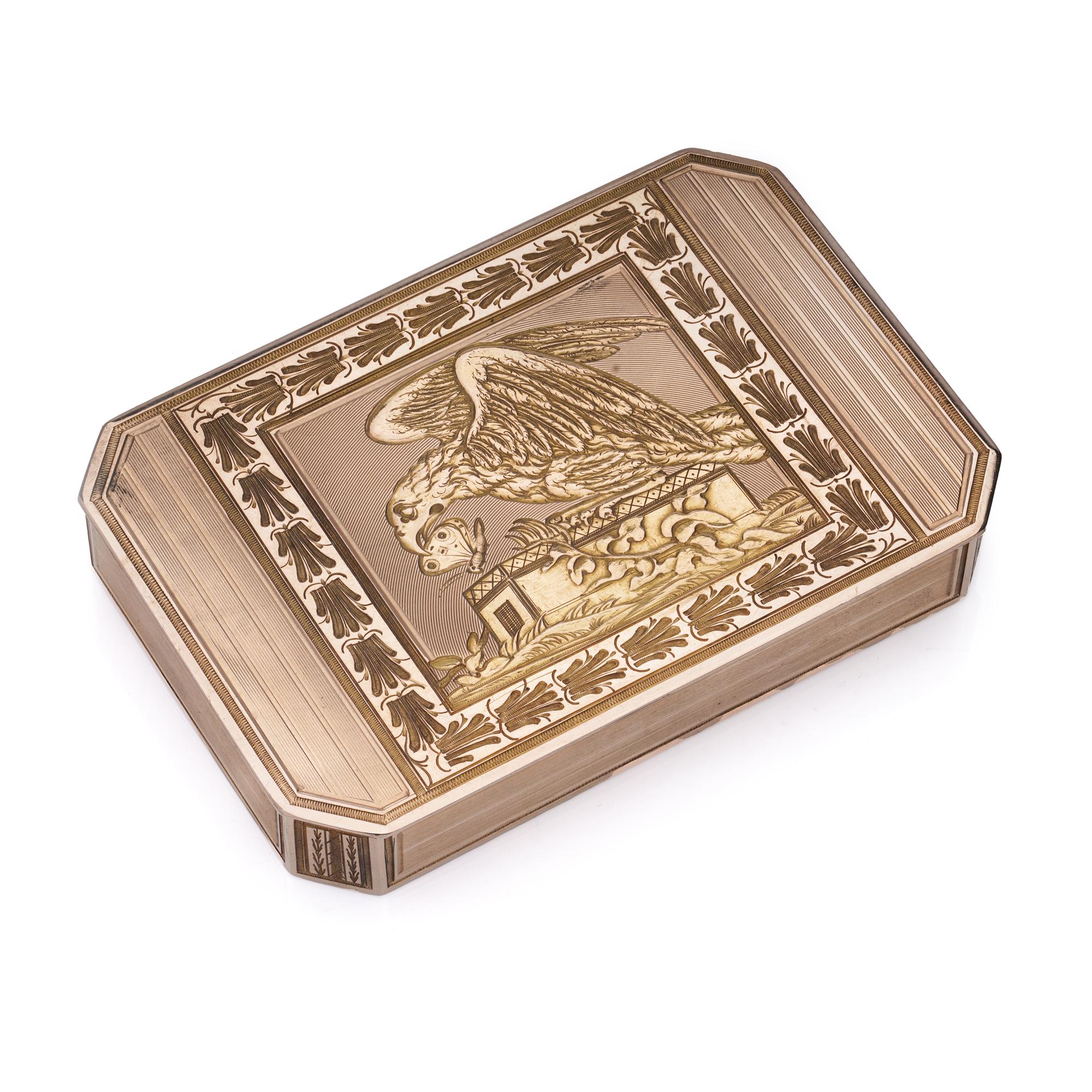 Antique 19th-century pink gold snuff box with eagle and butterfly. 

Dimensions:
Length x width x height: 9.2 x 6.3 x 1.5 cm 
Weight: 85 grams

Condition: general used, aged related wear and tear, good condition overall. 

