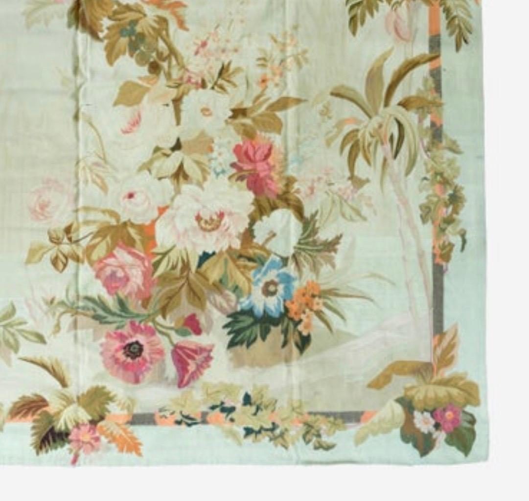 Hand-Woven Antique Late 19th Century Square Light Blue French Floral Aubusson Tapestry Rug For Sale