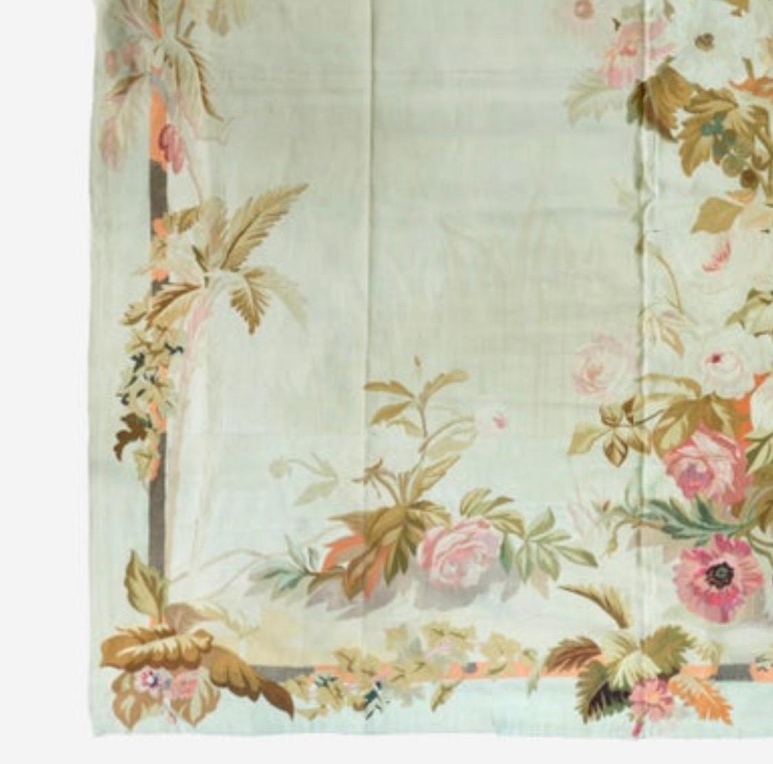 Antique Late 19th Century Square Light Blue French Floral Aubusson Tapestry Rug In Good Condition For Sale In New York, NY