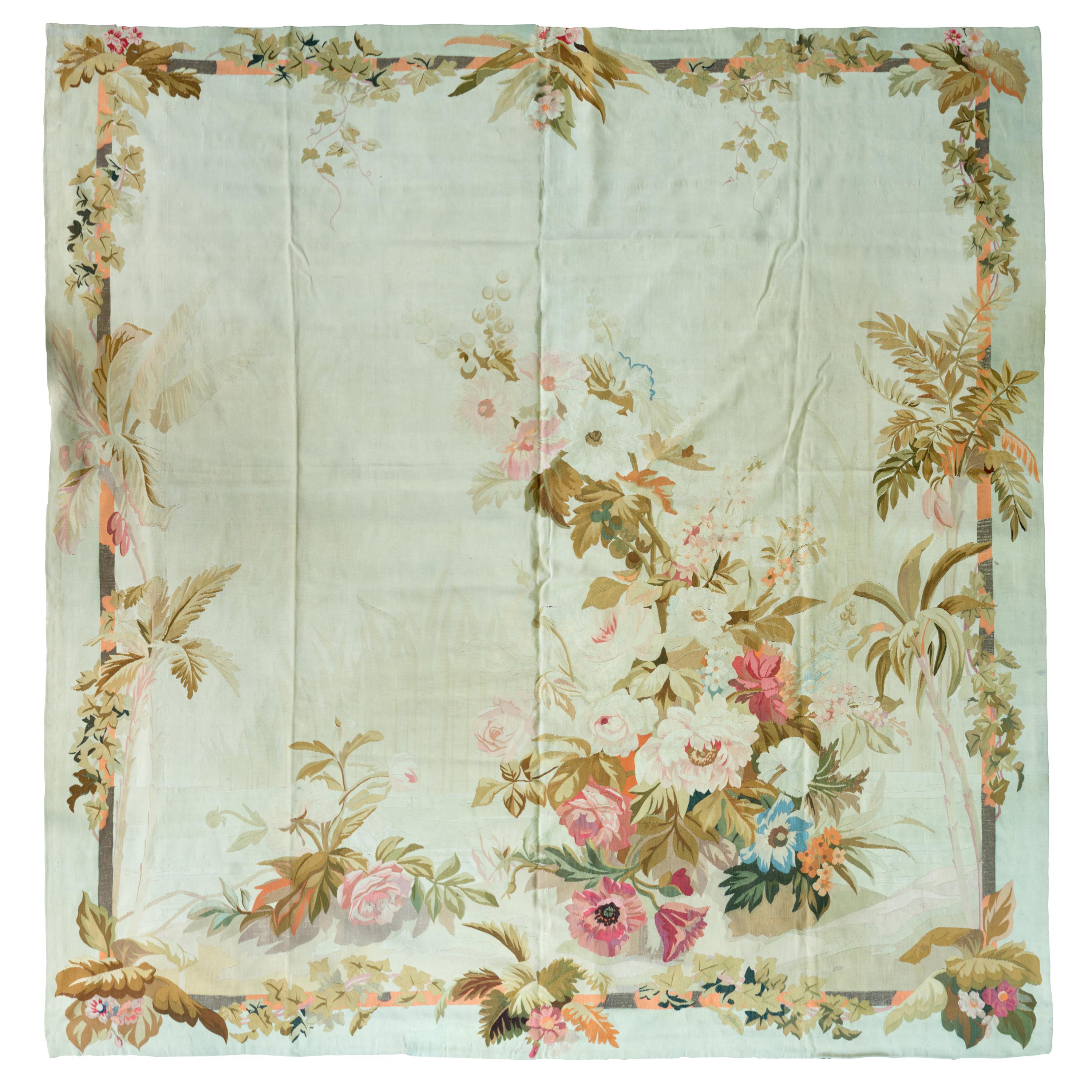 Antique Late 19th Century Square Light Blue French Floral Aubusson Tapestry Rug For Sale