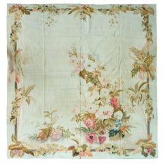 Antique Late 19th Century Square Light Blue French Floral Aubusson Tapestry Rug