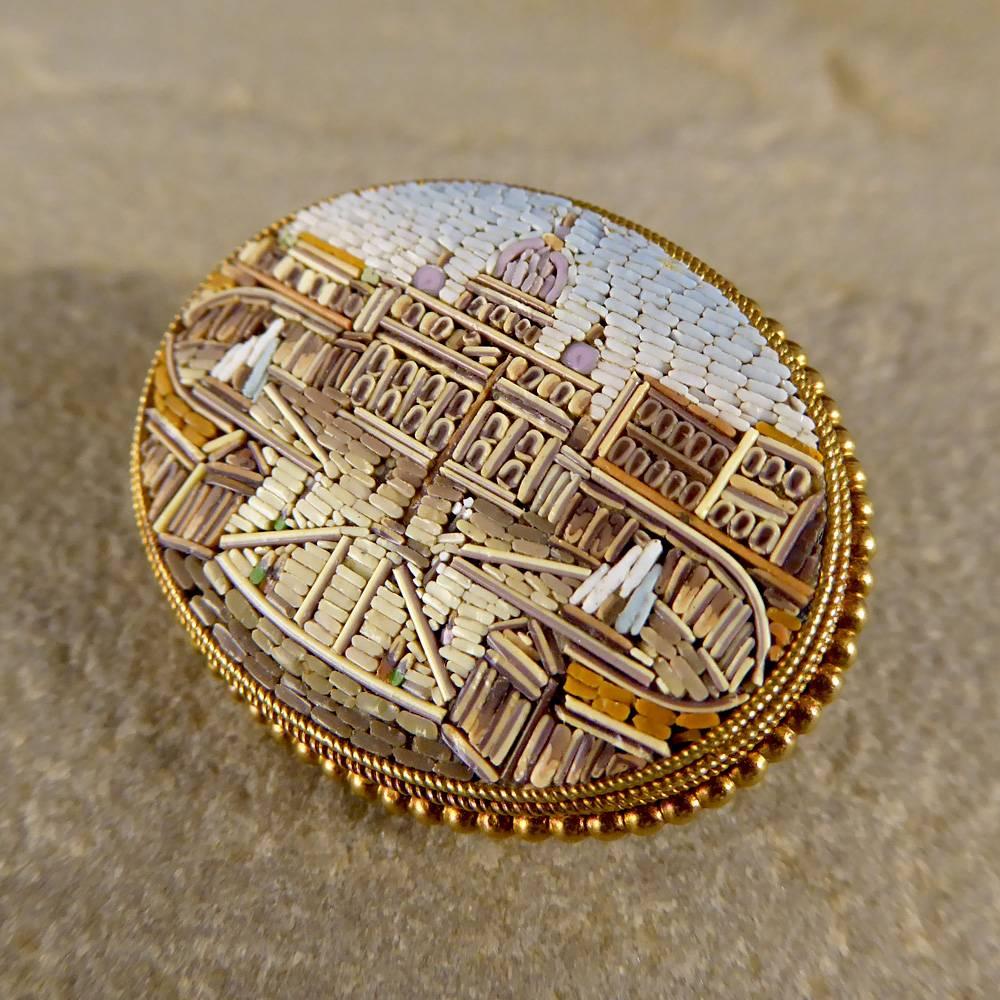 Women's or Men's Antique Late 19th Century Vatican City Micro Mosaic Gold Brooch