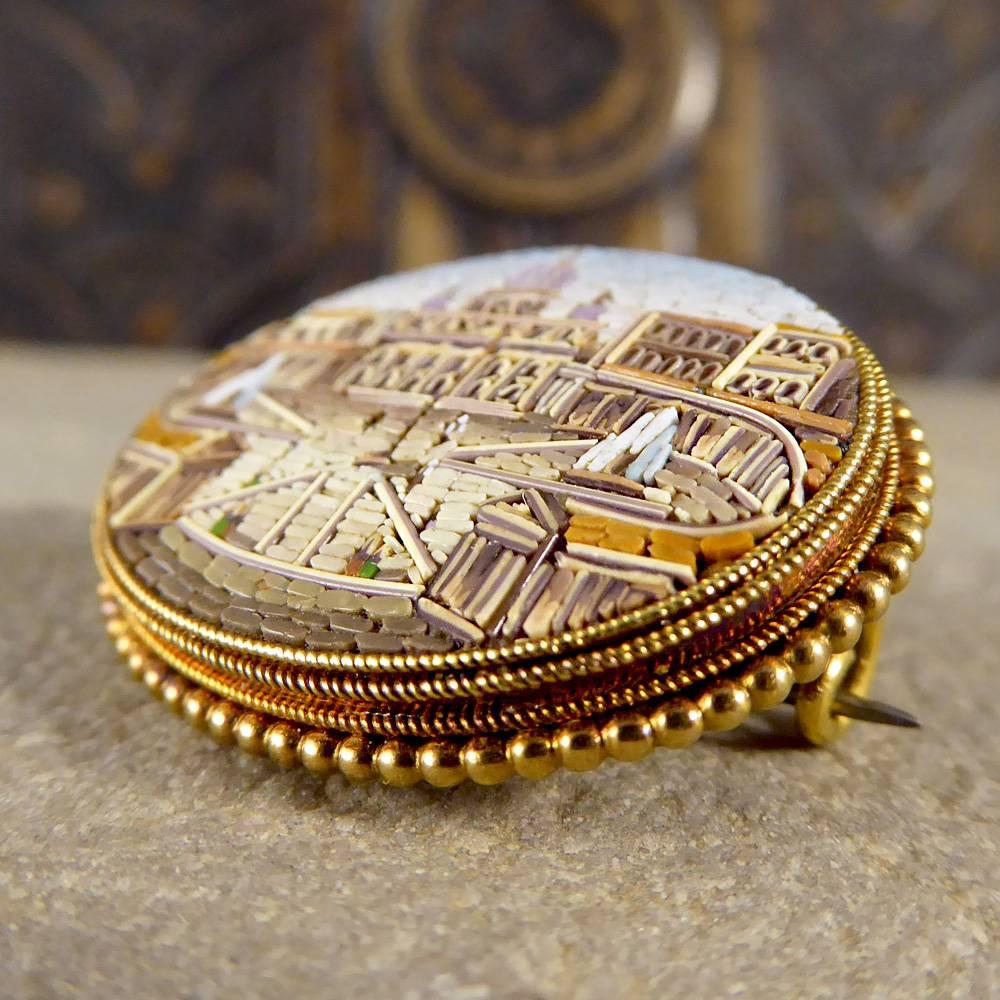 Antique Late 19th Century Vatican City Micro Mosaic Gold Brooch 2