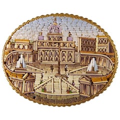 Antique Late 19th Century Vatican City Micro Mosaic Gold Brooch