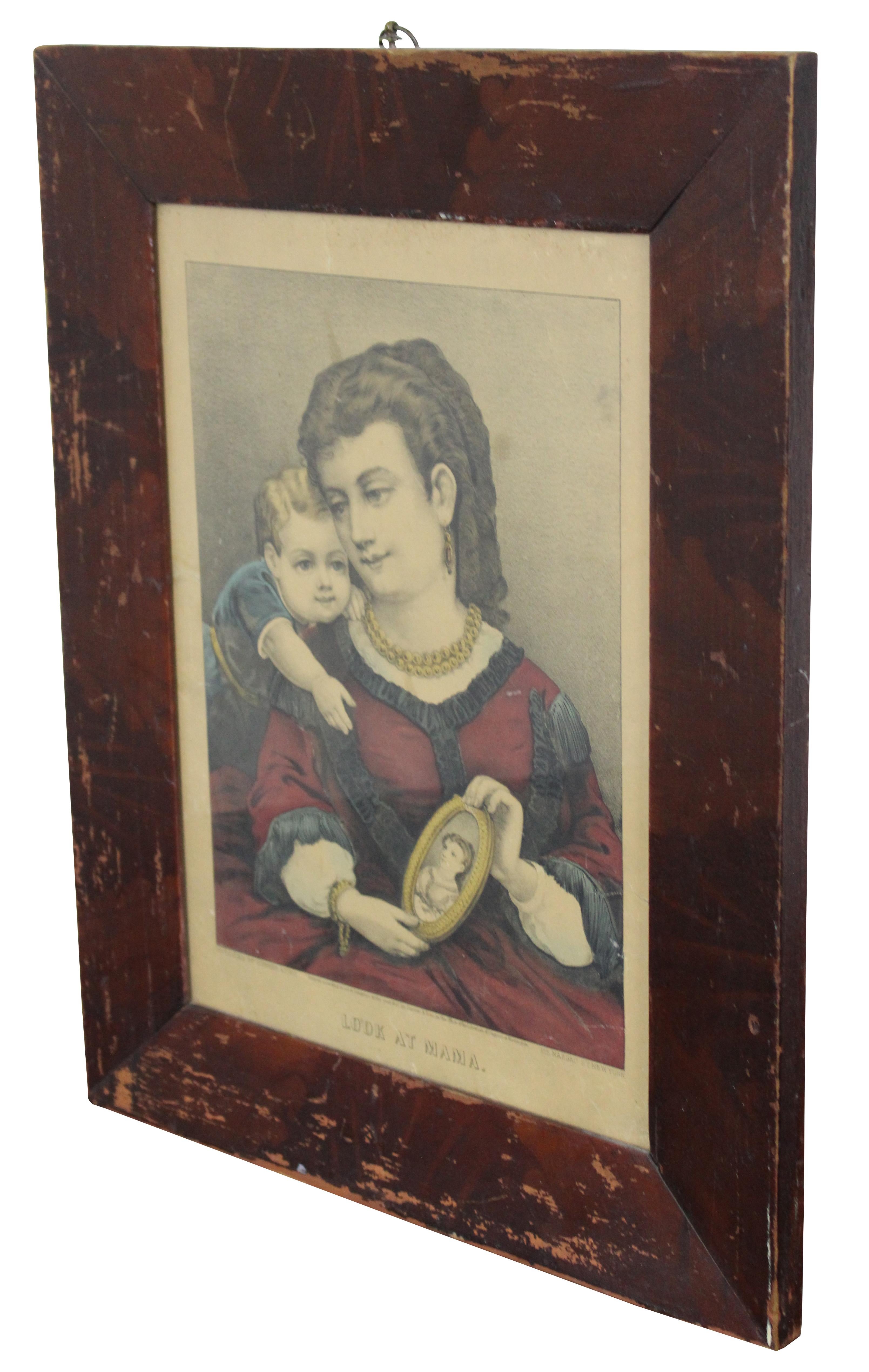 Circa 1870’s antique Currier & Ives colored lithograph print titled “Look at Mama,” featuring a mother showing a portrait of herself to an infant at her shoulder.

Measures: 14.75” x 0.75” x 18.5” / Sans Frame - 9.75” x 13.75” (Width x Depth x