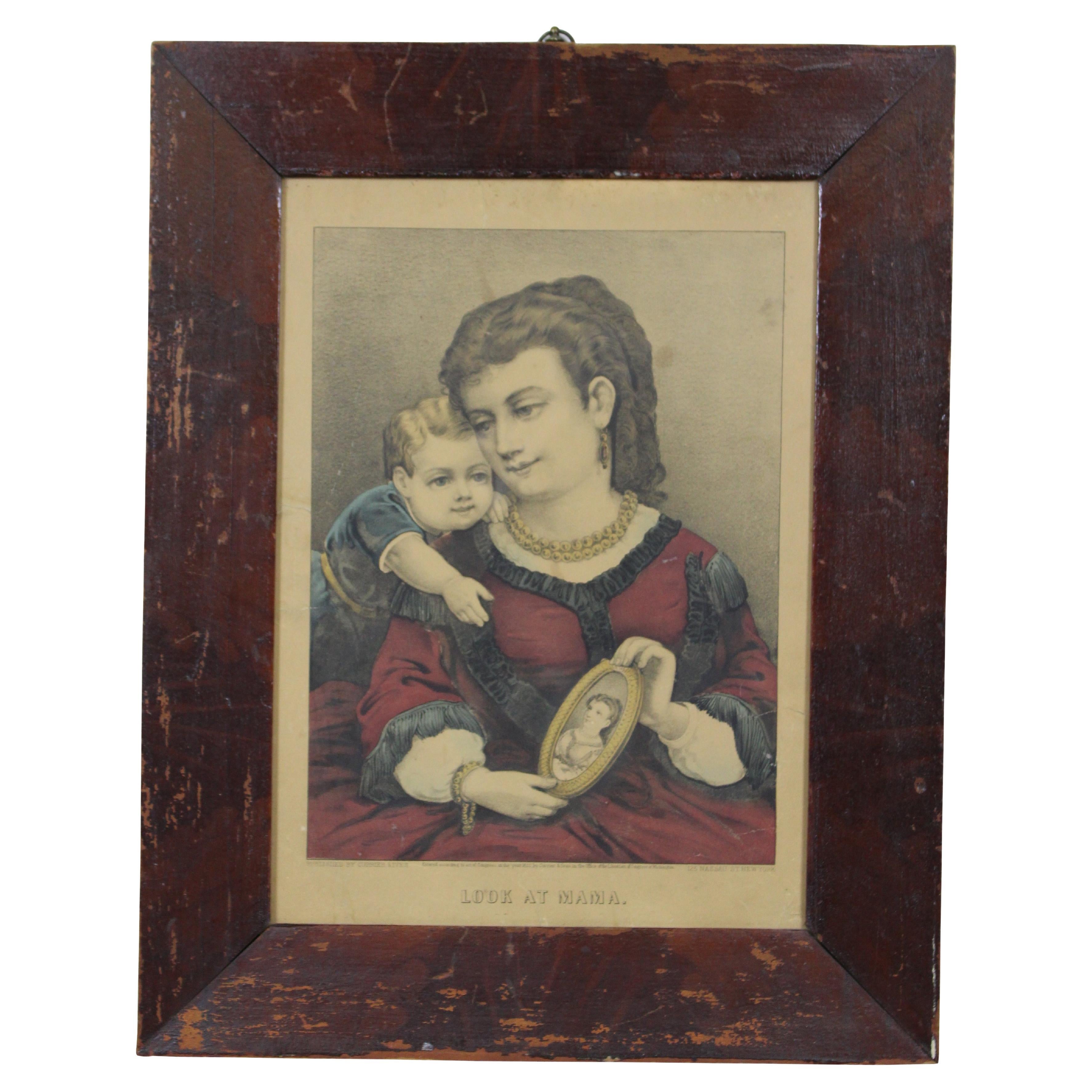 Antique Late 19th Century Victorian Look at Mama Currier & Ives Lithograph Frame For Sale