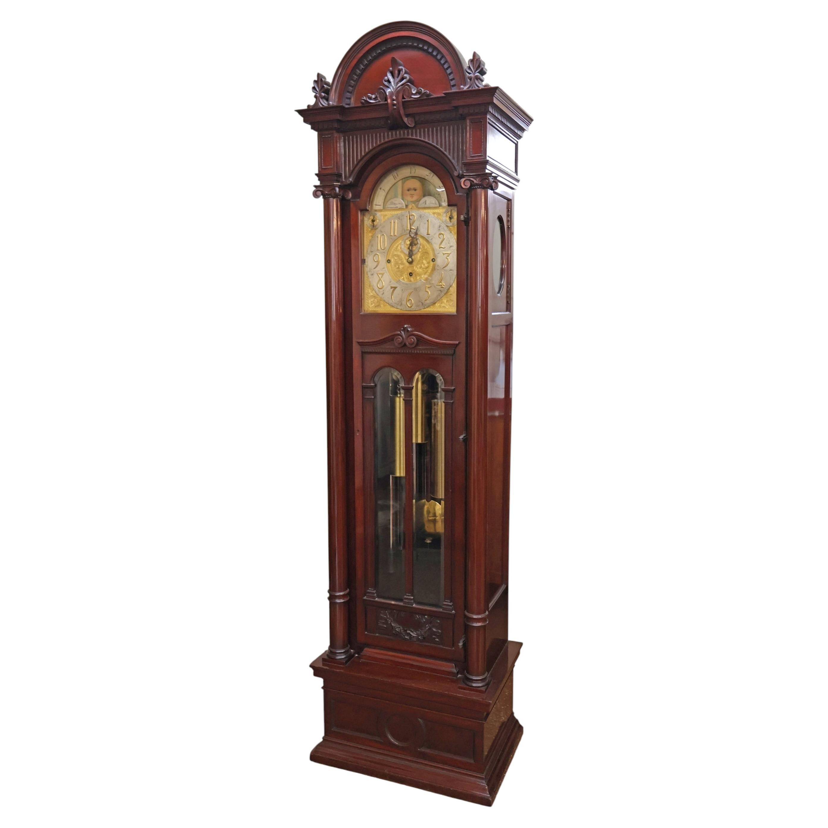 Antique Late 19th Century Victorian Mahogany 9 Tube Tall Case Grandfather Clock
