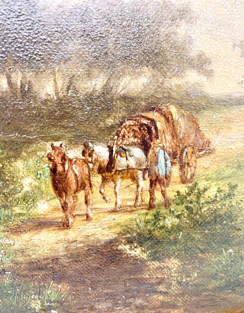 Antique late 19th century Victorian style oil on panel landscape painting.
Small illegible signature at bottom.