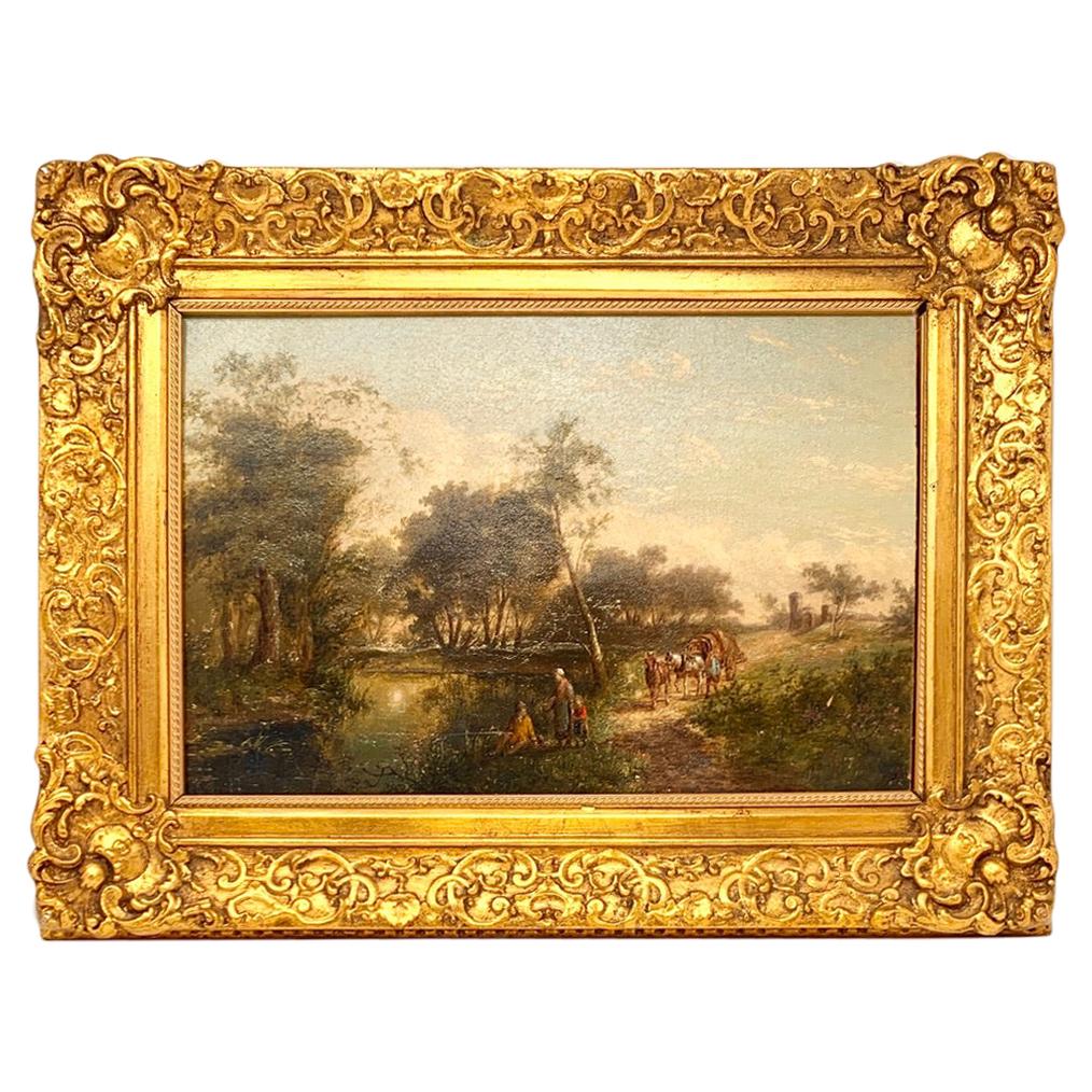 Antikes Landschaftsgemälde im viktorianischen Stil des späten 19. Jahrhunderts, Öl auf Tafel
