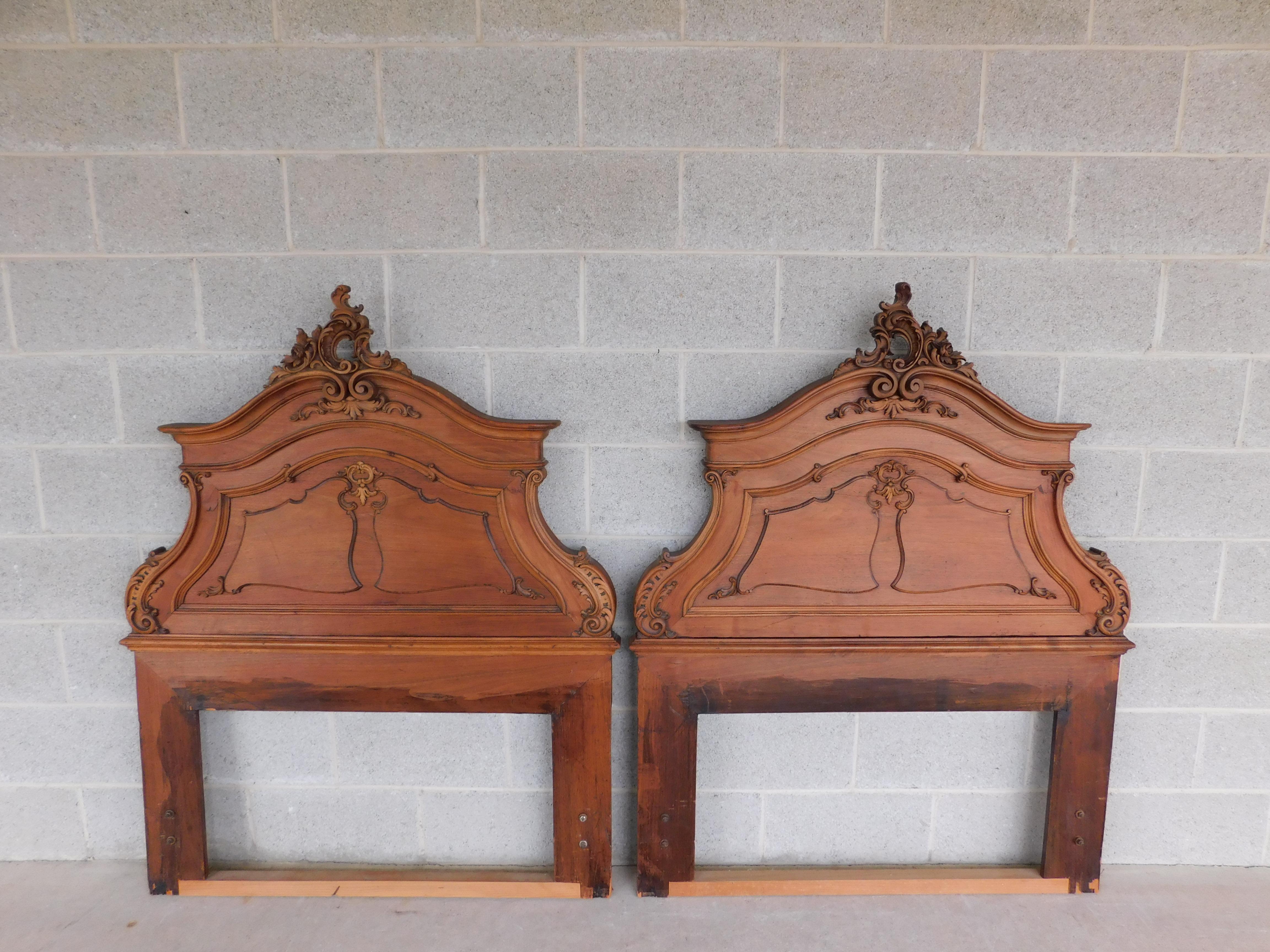 Antique Late 19th Century Walnut French Rococo Carved Twin Headboards For Sale 11