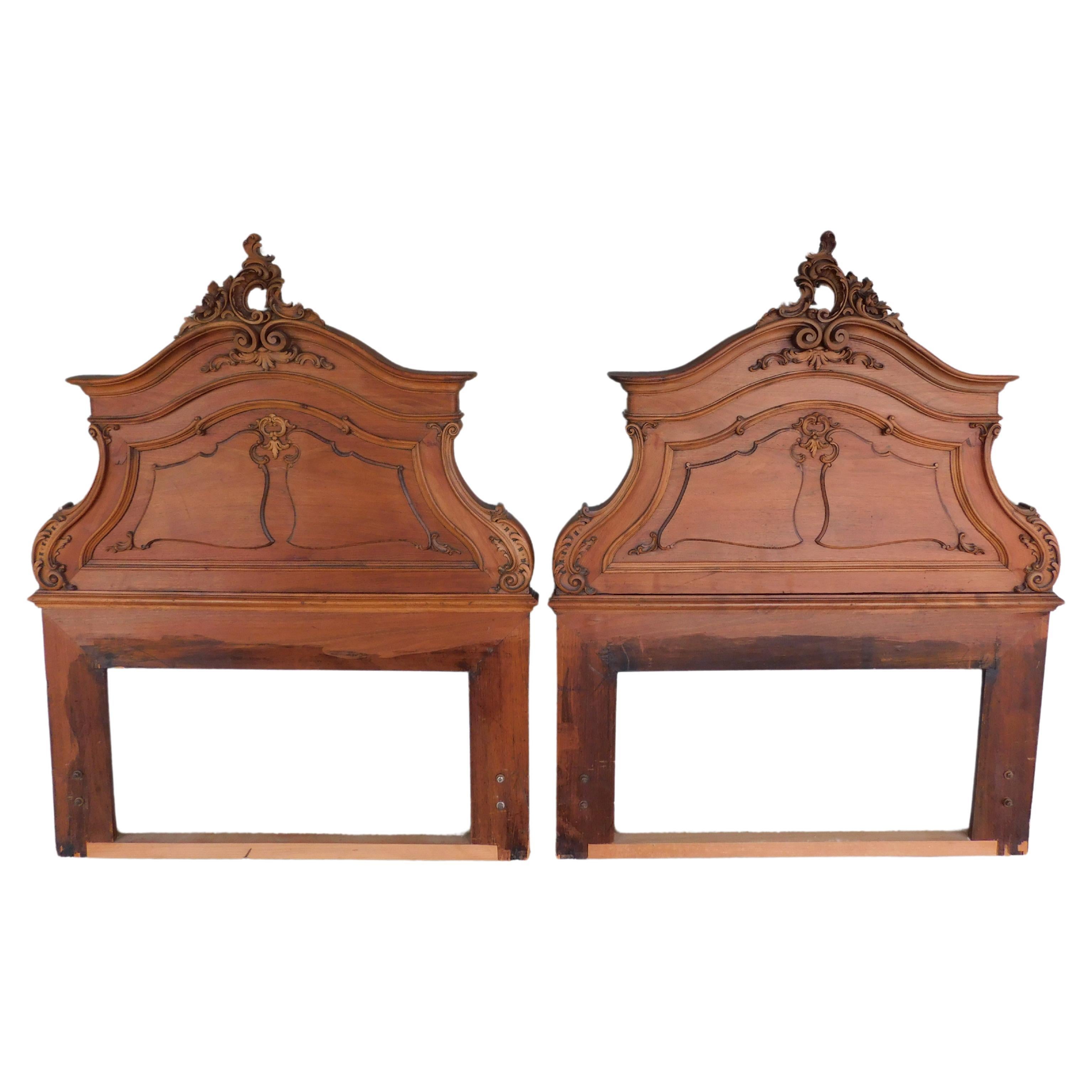 Antique Late 19th Century Walnut French Rococo Carved Twin Headboards
